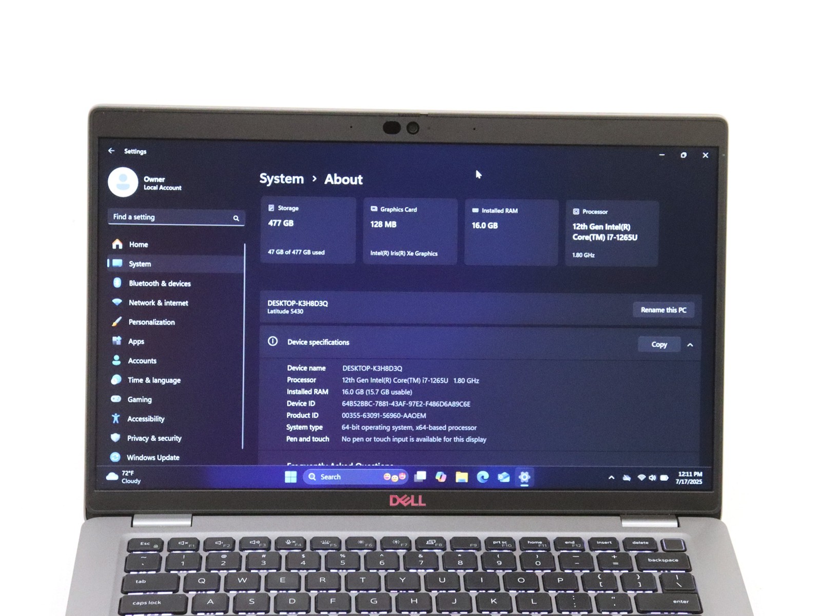 Dell Latitude 5430 14.0″ Intel i7-1265U 16GB RAM 512GB NVMe W11P- Warranty 2026