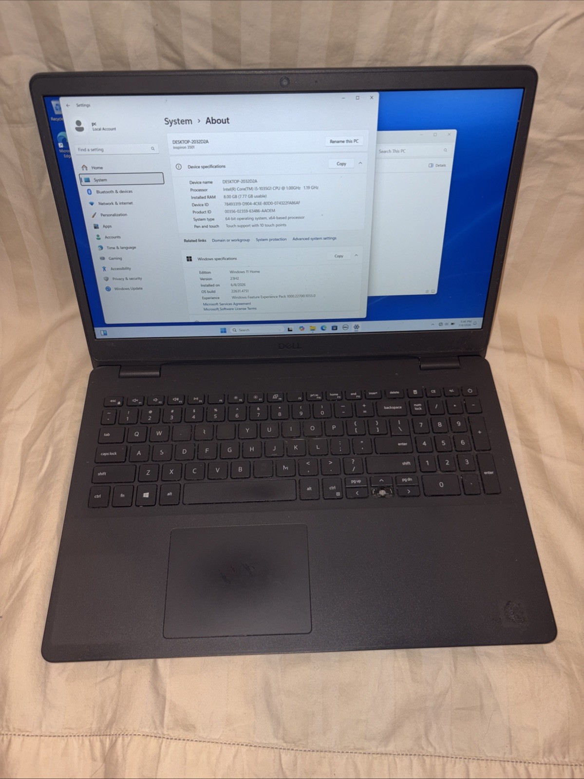 Dell Inspiron 3501 15.5in i5-1035G1 1.0 GHz 8GB 256GB 2019 WIN 11 Home