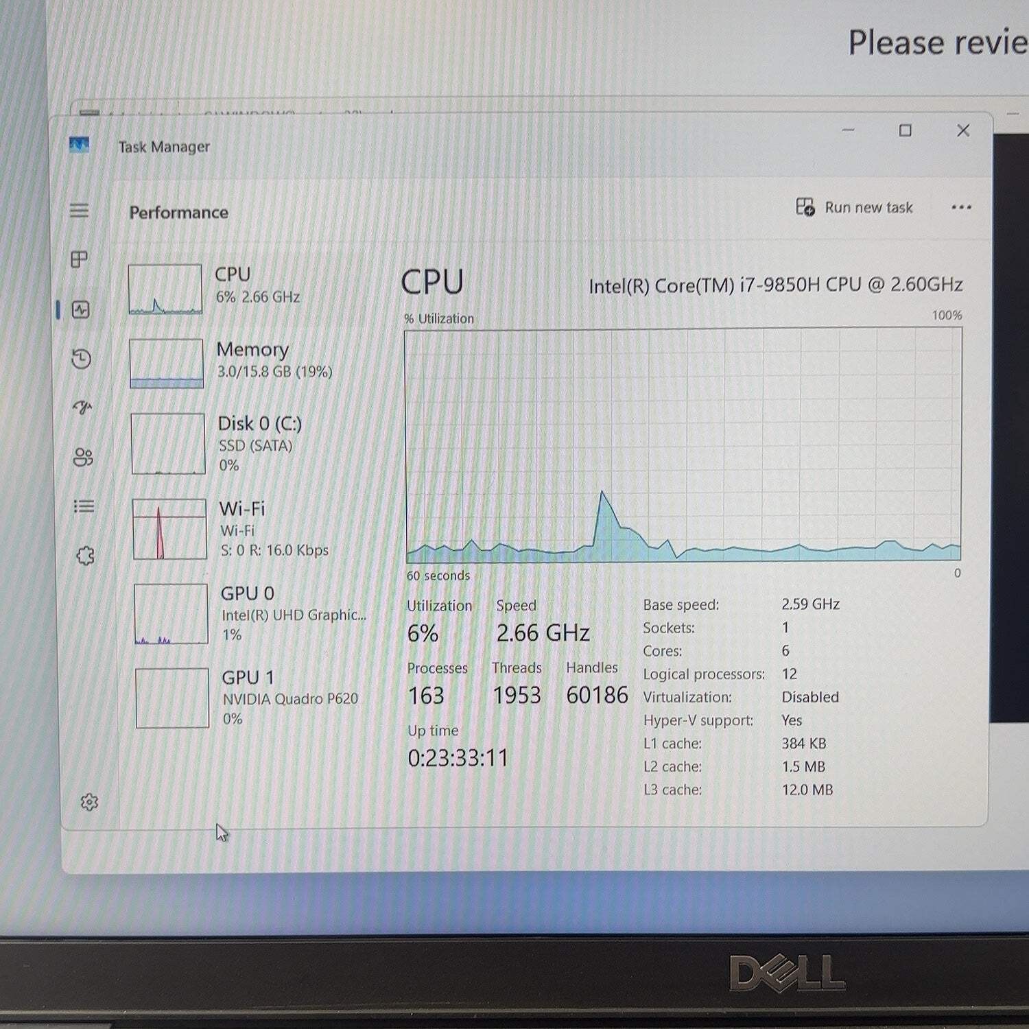 Dell Precision 3541 15.6″ i7-9850H 2.5GHz 16GB RAM 128GB SSD Quadro P620