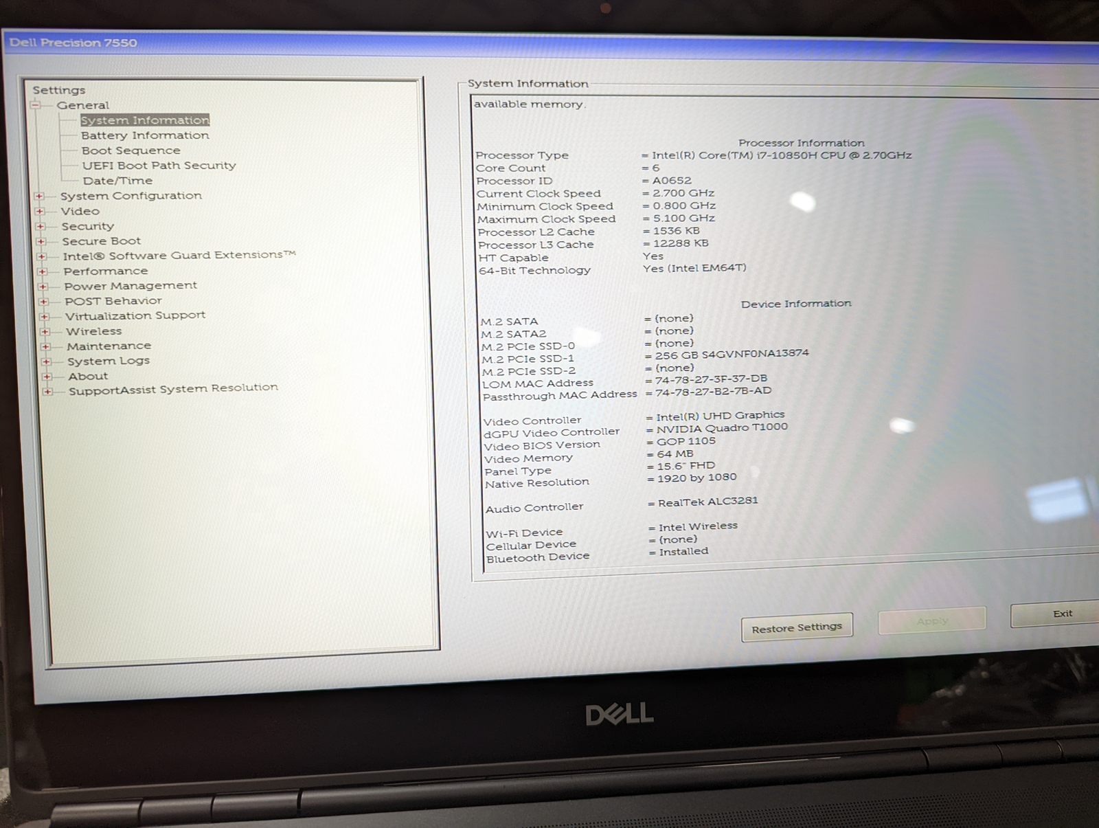 DELL PRECISION 7550 I7-10850H 2.7GHz 16GB RAM 256GB SSD GRADE D