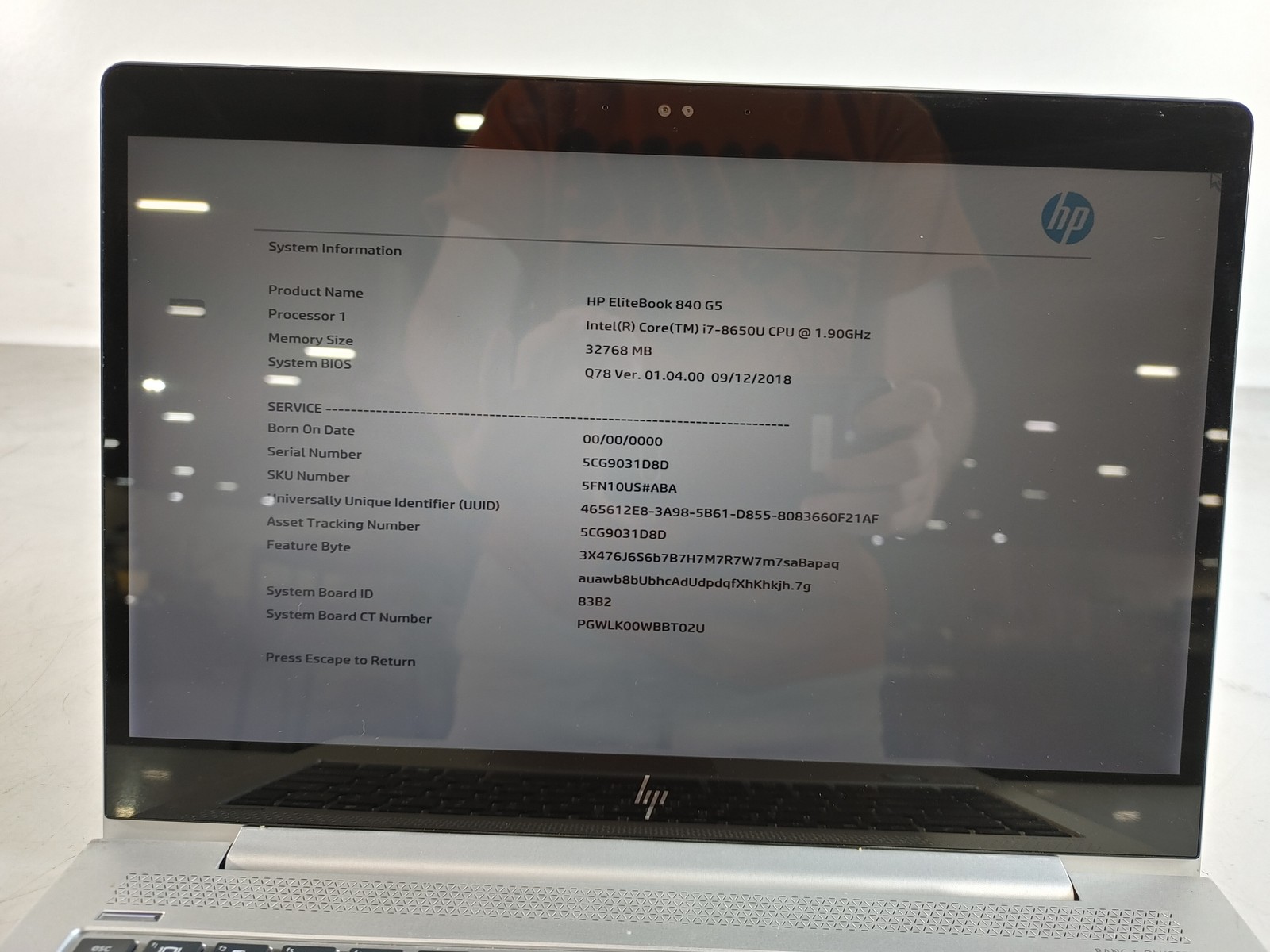 HP EliteBook 840 G5 Core i7-8650U 1.90 GHz 32 GB DDR4 No HDD