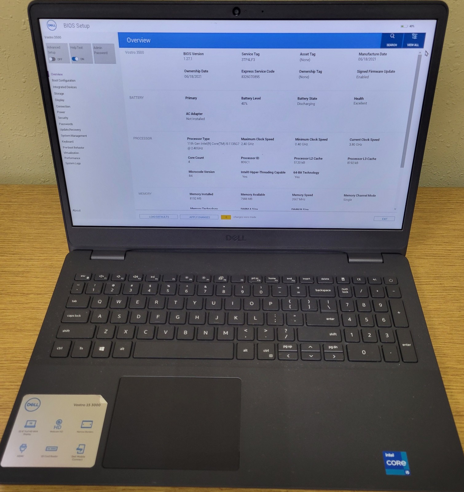 Dell Vostro 3500 i5-1135G7 2.40GHz 8GB DDR4 Iris Xe No OS/SSD/HDD