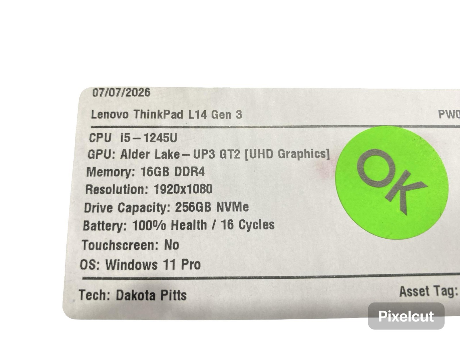 Lenovo ThinkPad L14 Gen 3 i5 1245U 16GB 256GB Win11Pro Laptop Grade C w/Battery
