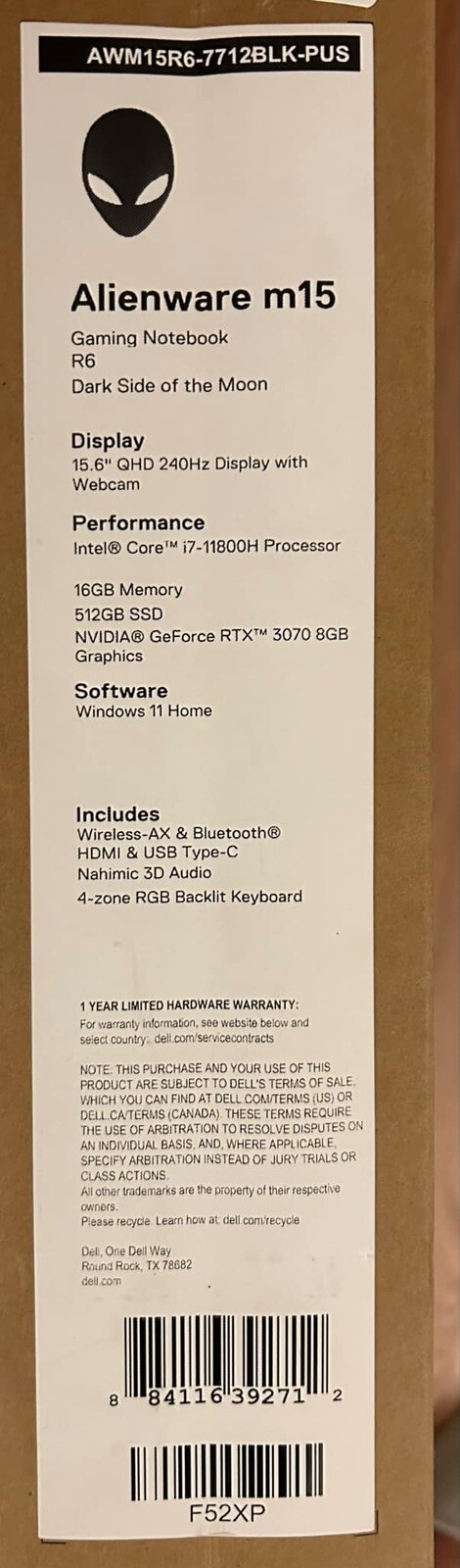New! Alienware M15 R6 15.6” QHD 240hz i7-11800H 16GB 512GB RTX 3070 Gaming