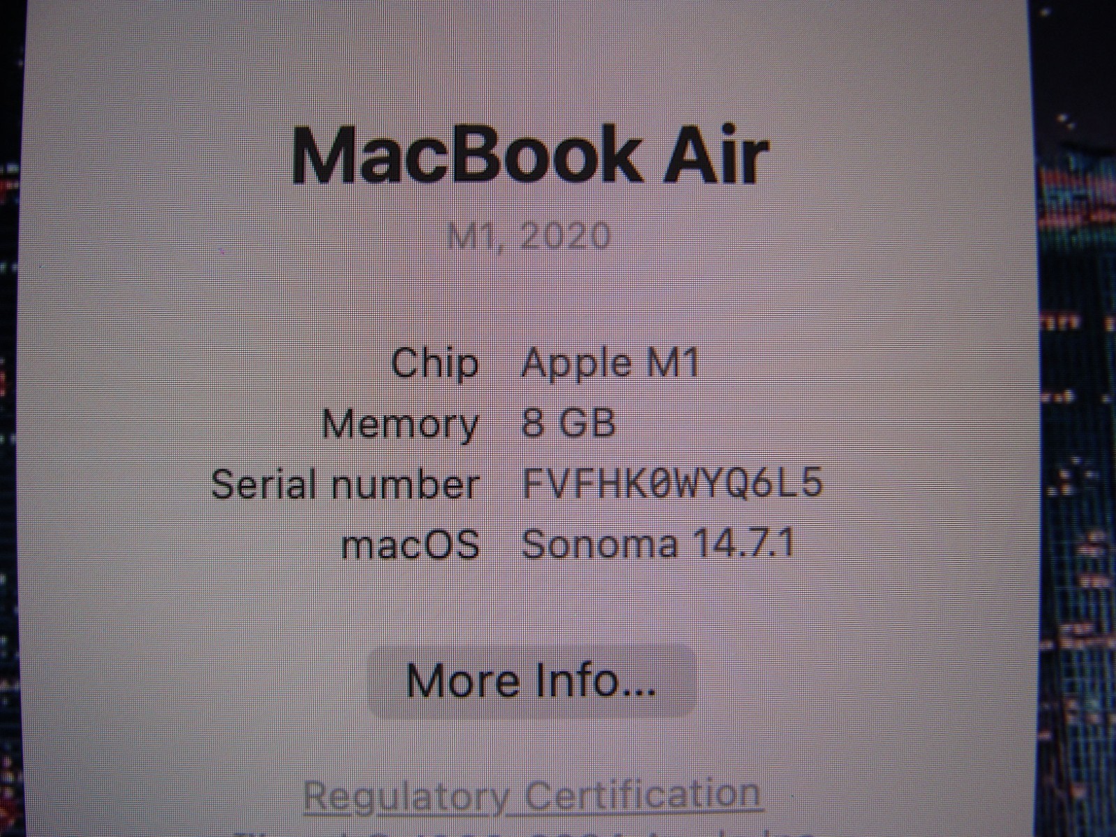 Apple MacBook Air A2337 (2020) 13.3″ M1 8CPU/8GPU 8GB 512GB OS Sonoma MGN73LL/A