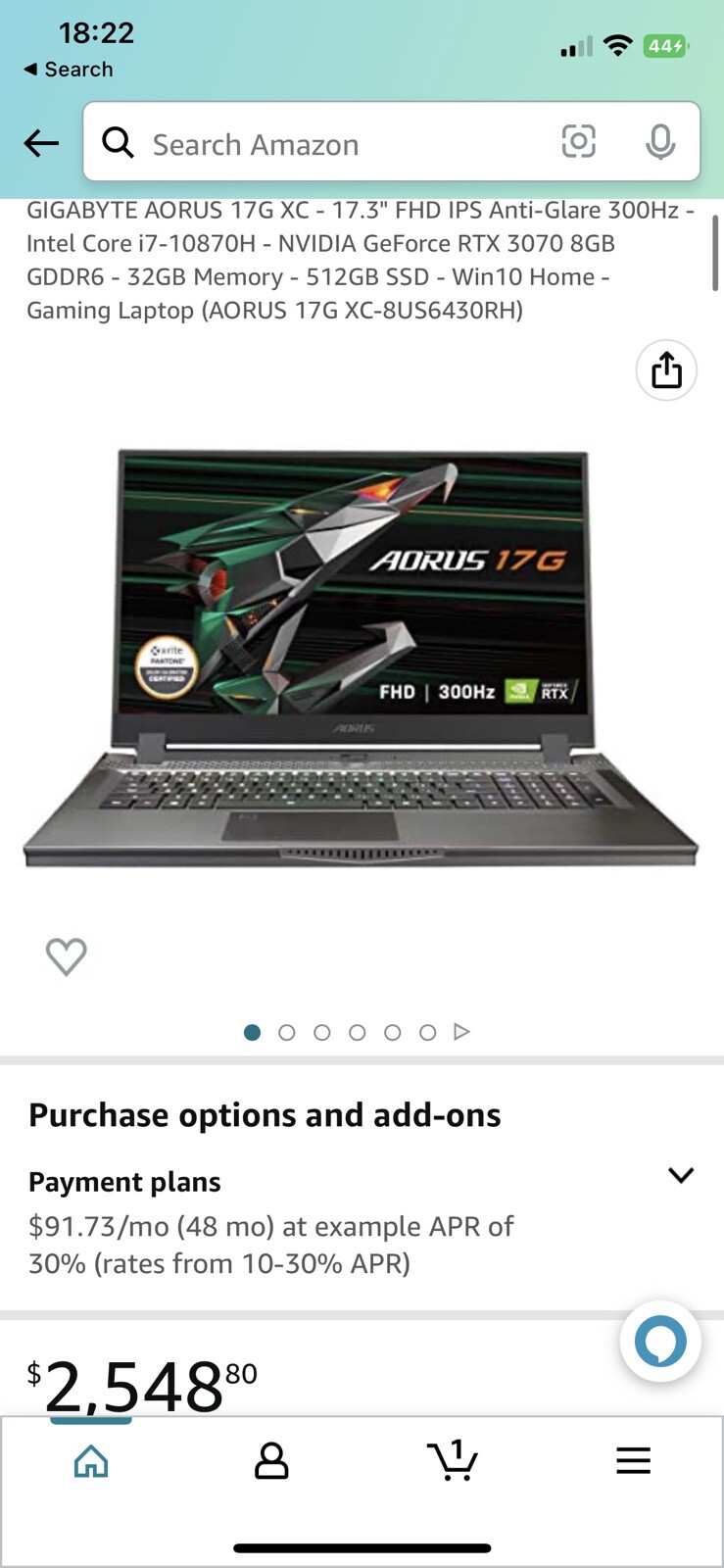 Aorus 17G XC (3070, i7 10870H, 300 HZ, 32 GB RAM, 512 GB SSD)
