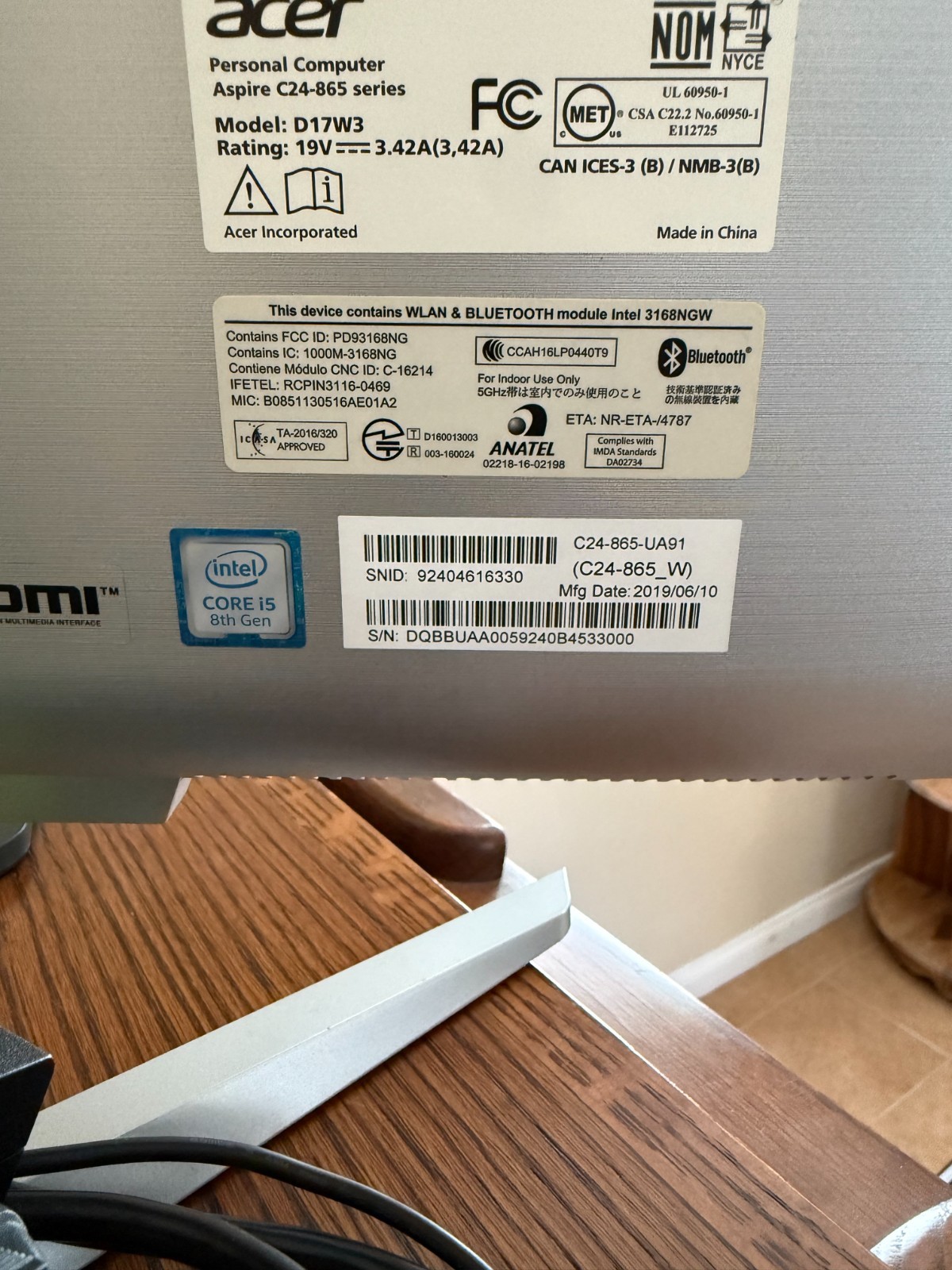 Acer Aspire C24-865 series 21″ Intel Core 8th Gen All in One-Silver Monitor