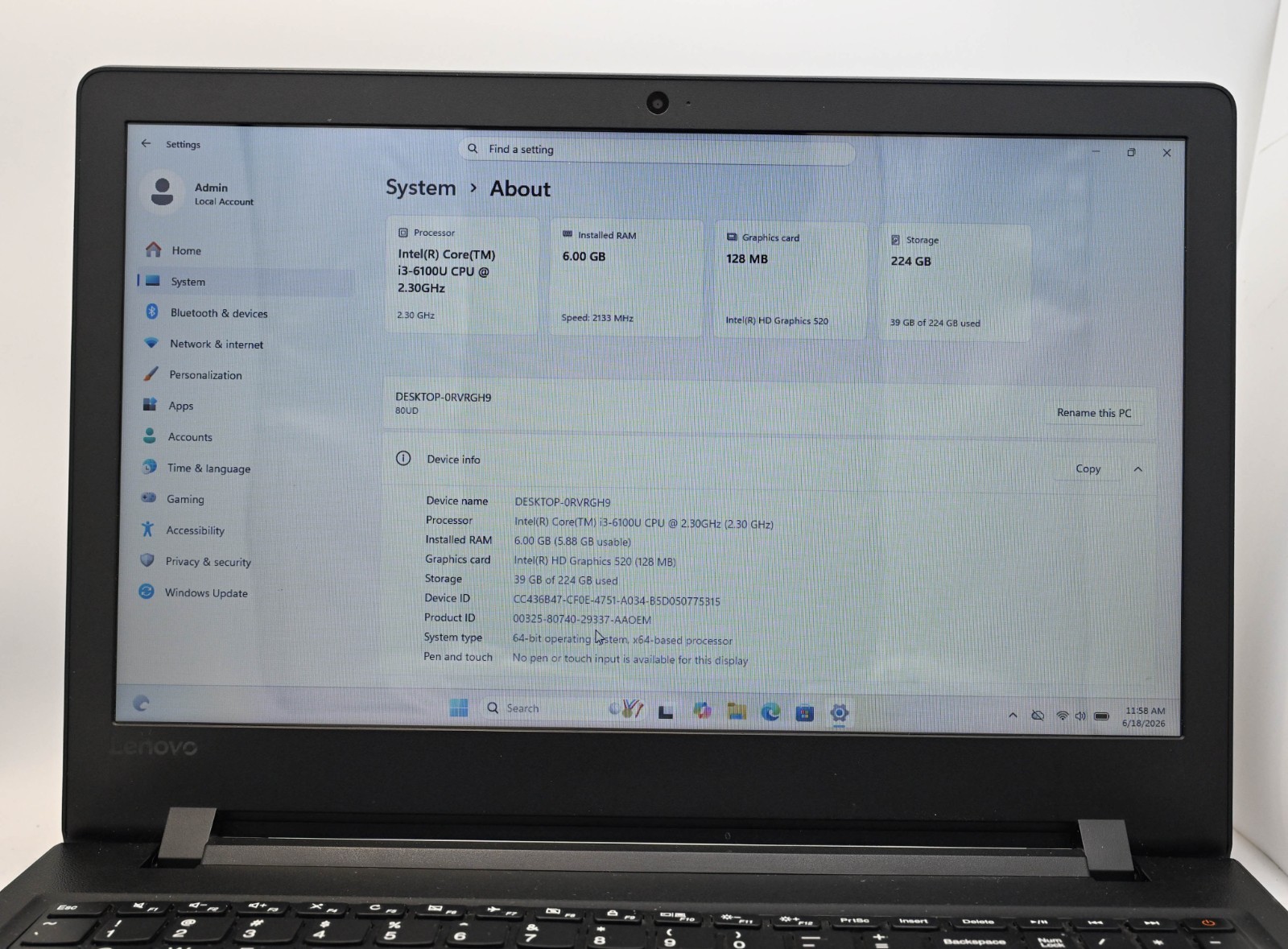 Lenovo Idea Pad 110-15ISK i3-6100u 2.3GHz 8GB RAM 256GB SSD Win 11 Home