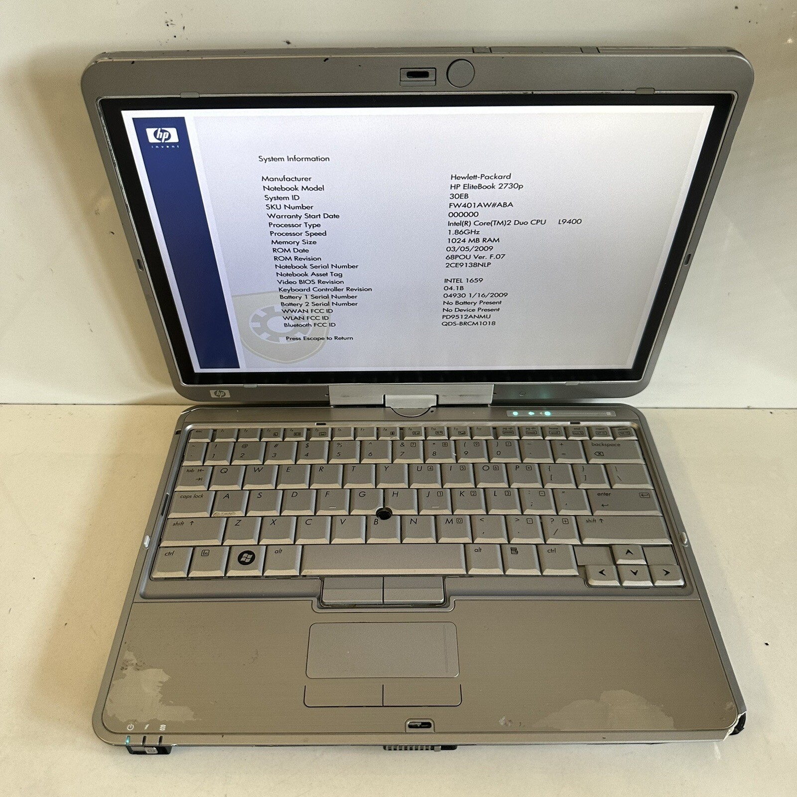 HP EliteBook 2730p 12.1” Laptop Tablet PC C2D 1GB RAM No HDD – Scraps/Salvage