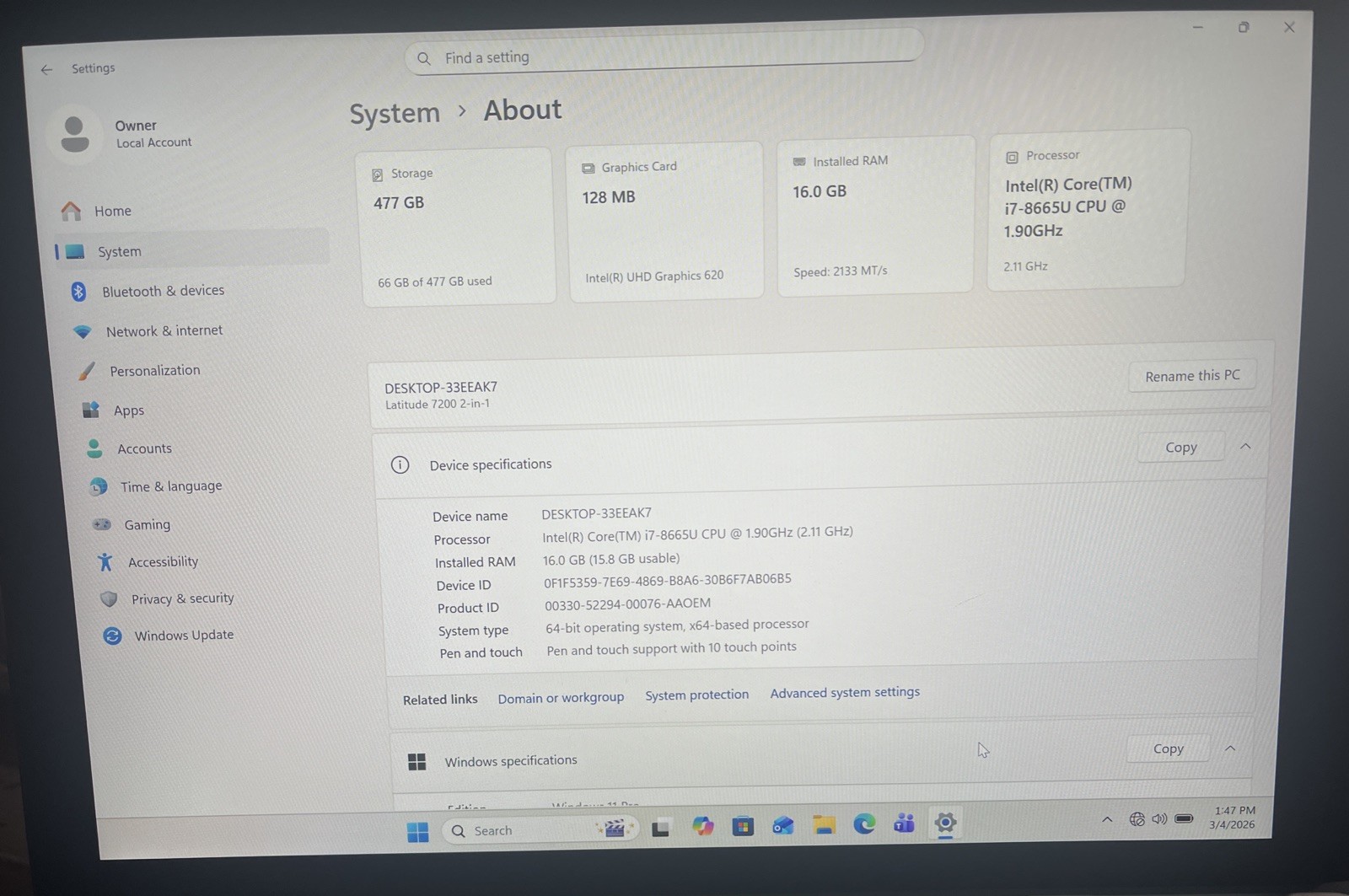 Dell Latitude 7200 2-in-1 12.3″ i7-8665U@1.9GHz, 16GB RAM, 512GB M2, W11P *READ*