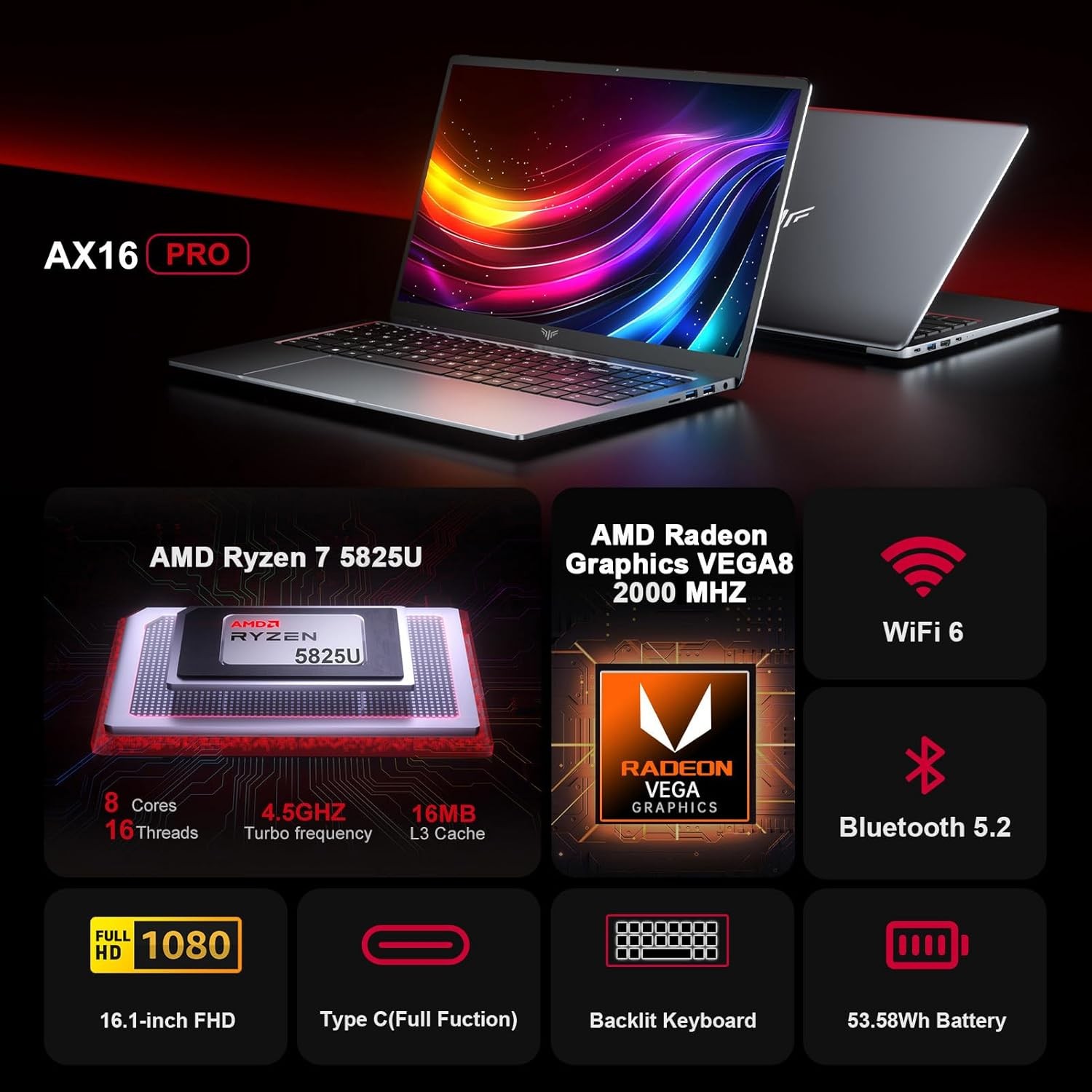 【90% New】ACEMAGIC 16.1″ Laptop AMD Ryzen 7 5825U 16GB DDR4 512GB M.2 SSD Win11