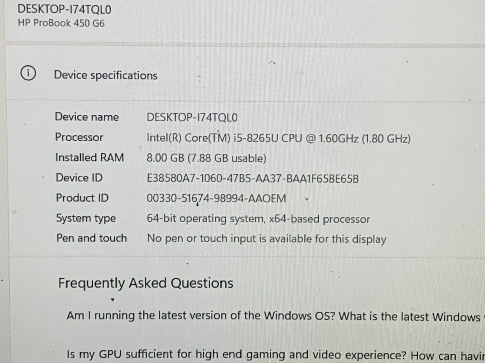 HP PROBOOK 450 G6 INTEL CORE i5-8265U@1.60GHZ 8GB RAM 512GB NVME WIN11 PRO *READ