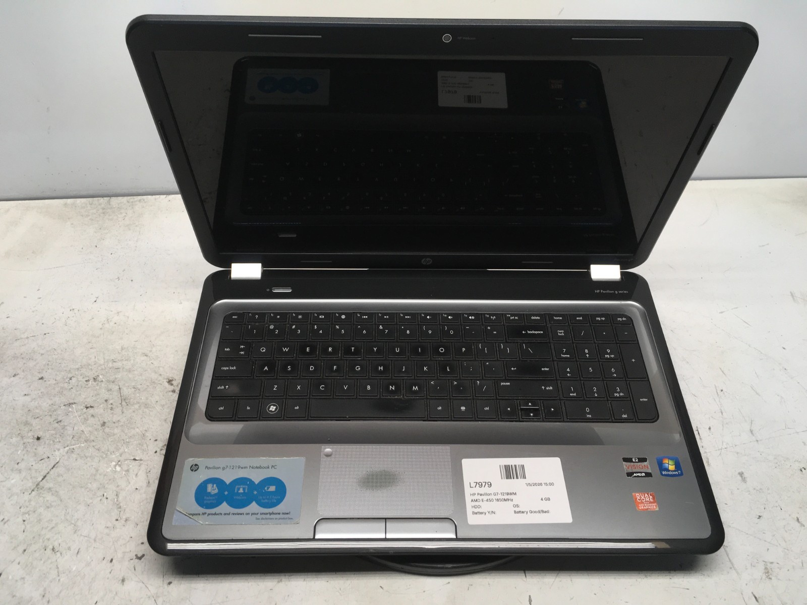 HP Pavilion G7-1219WM AMD E-450 1650MHz 4 GB NO HDD