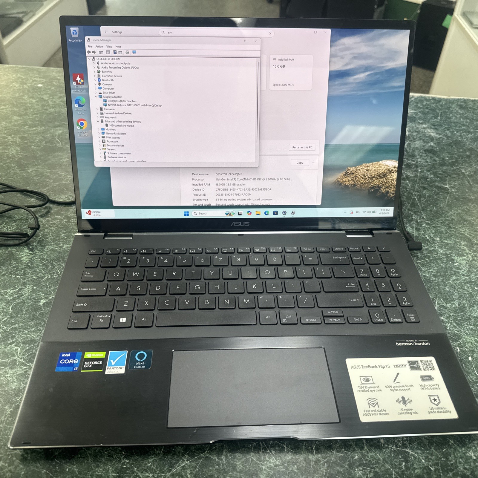 ASUS ZENBOOK FLIP 15 GeForce 1650 Ti I7-1165G7 | 1TB NVMe | AC Adapter Windows