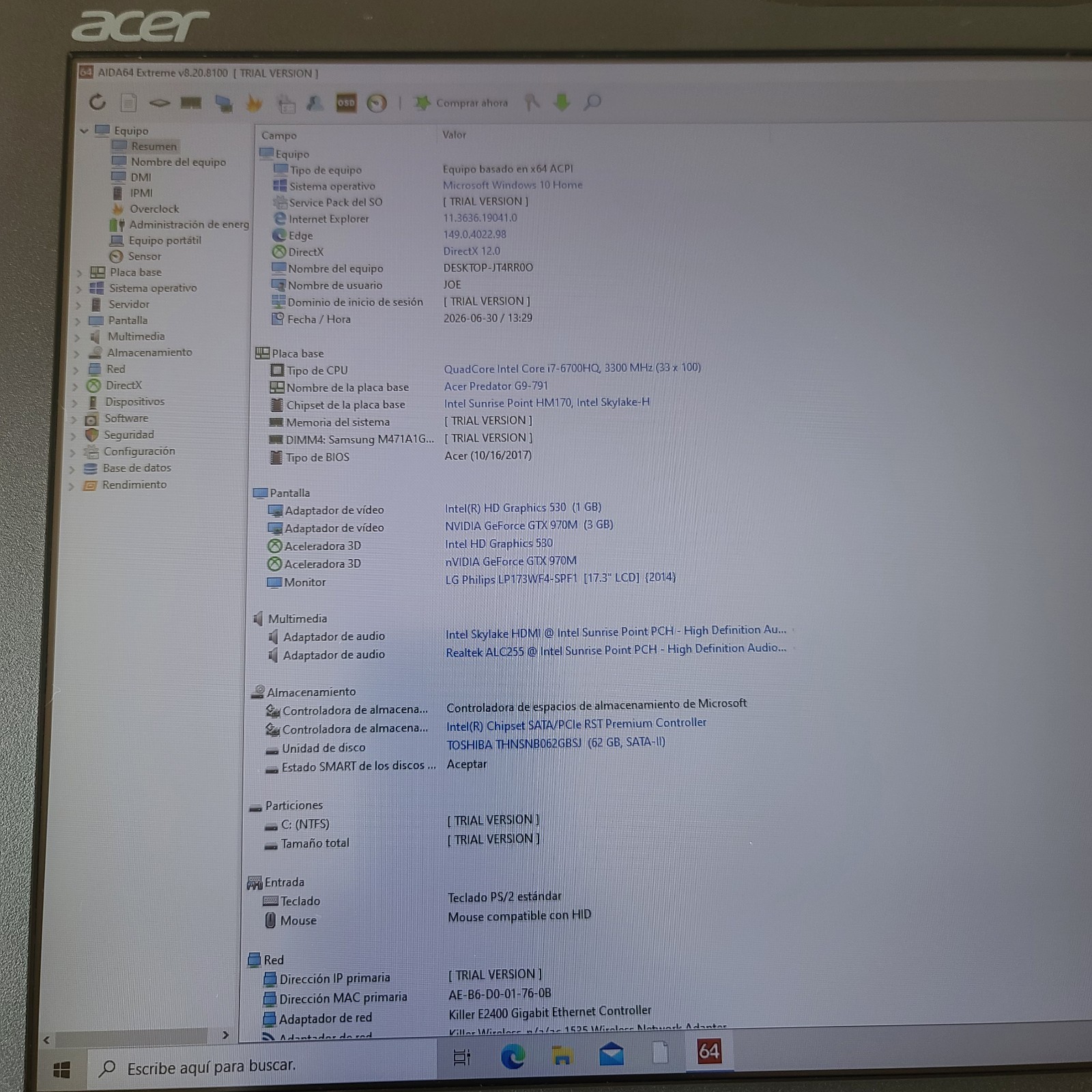 PREDATOR G9-791 GAMING LAPTOP CORE i7-6700HQ 8GB RAM GTX 970M 62GB SSD