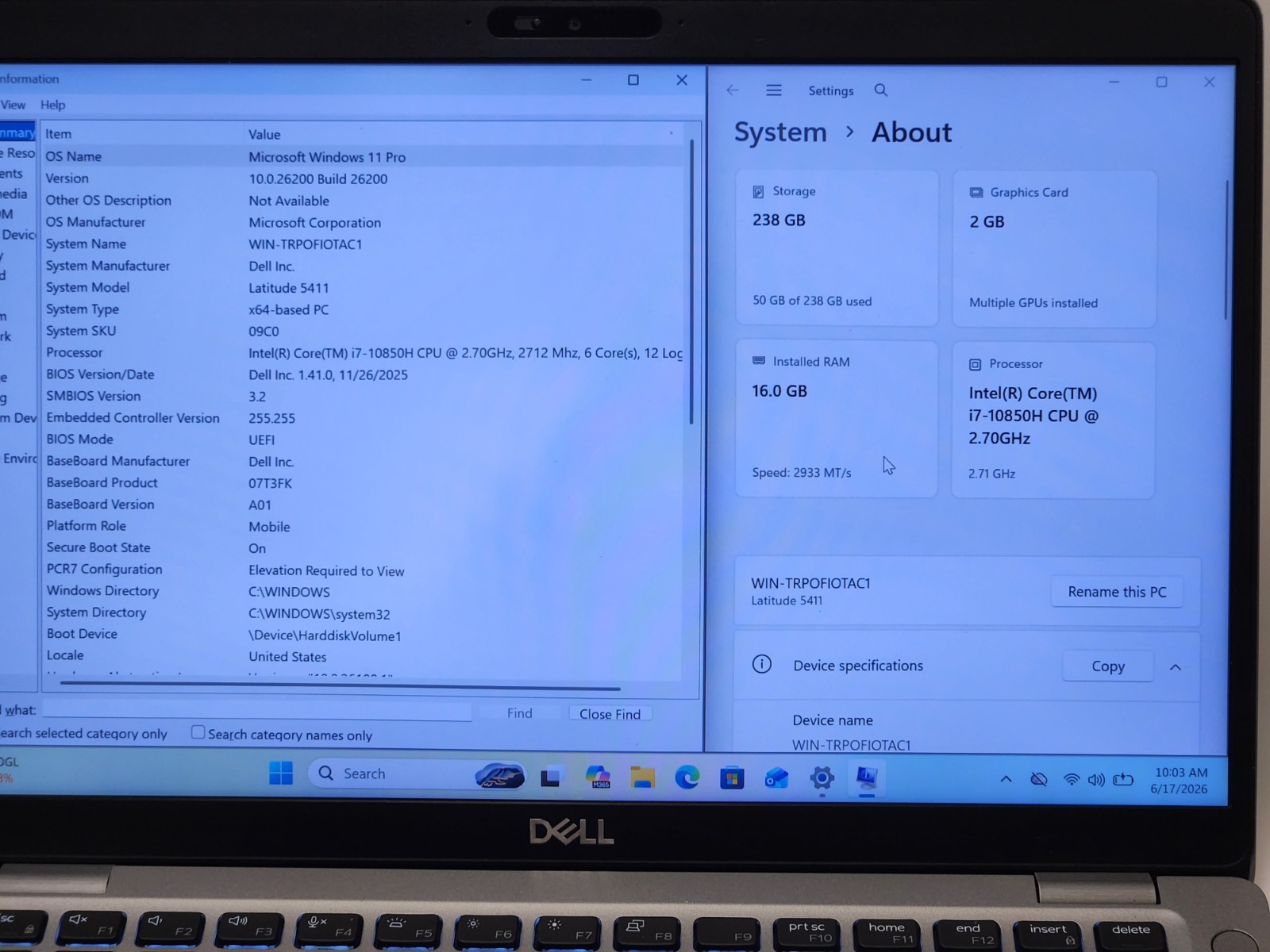 Dell Latitude 5411 i7-10850H@2.70GHz 16GB DDR4 Ram 256GB NVME SSD W11P MX250