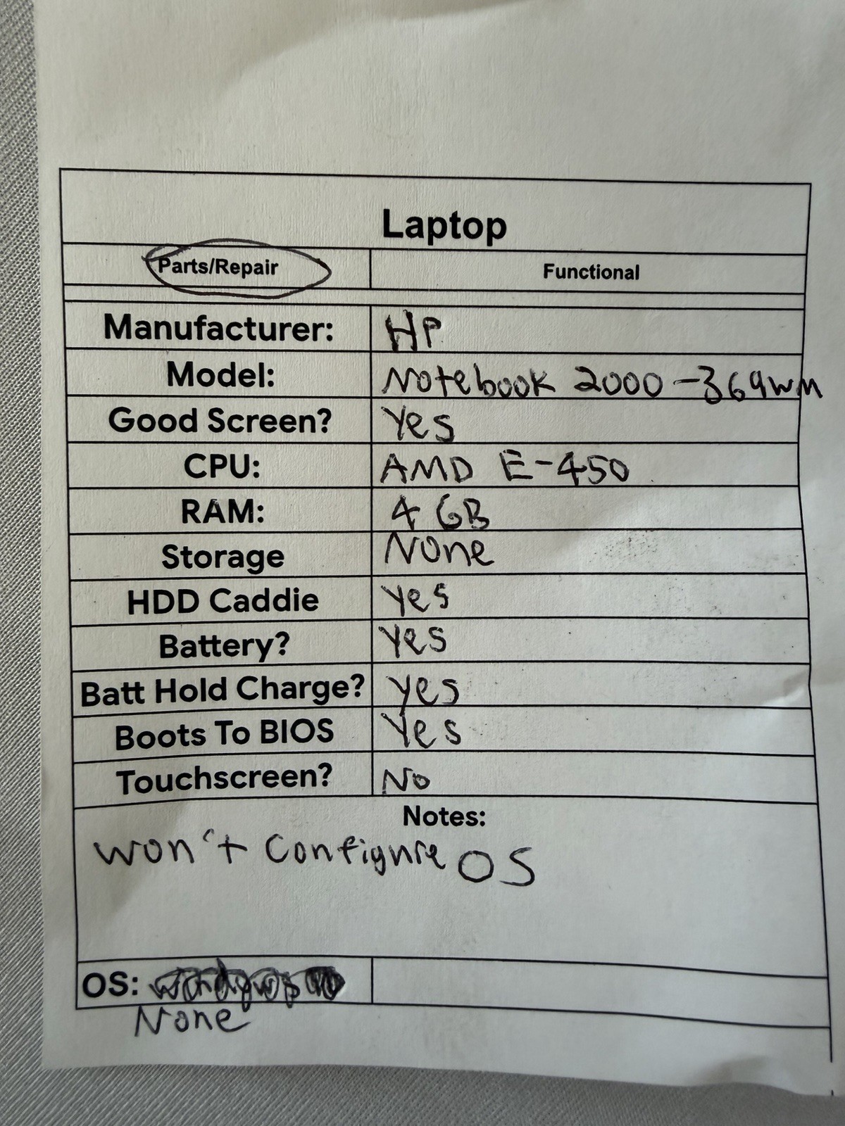 HP Notebook 2000-369wm Laptop – Good Screen – AMD E-450 – RAM 4 GB – Read Des