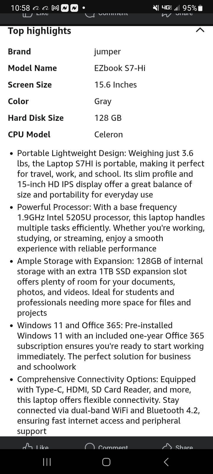 Grey: Jumper 15.6” EZbook S7-hi hds 128gb cpu celeron Laptop