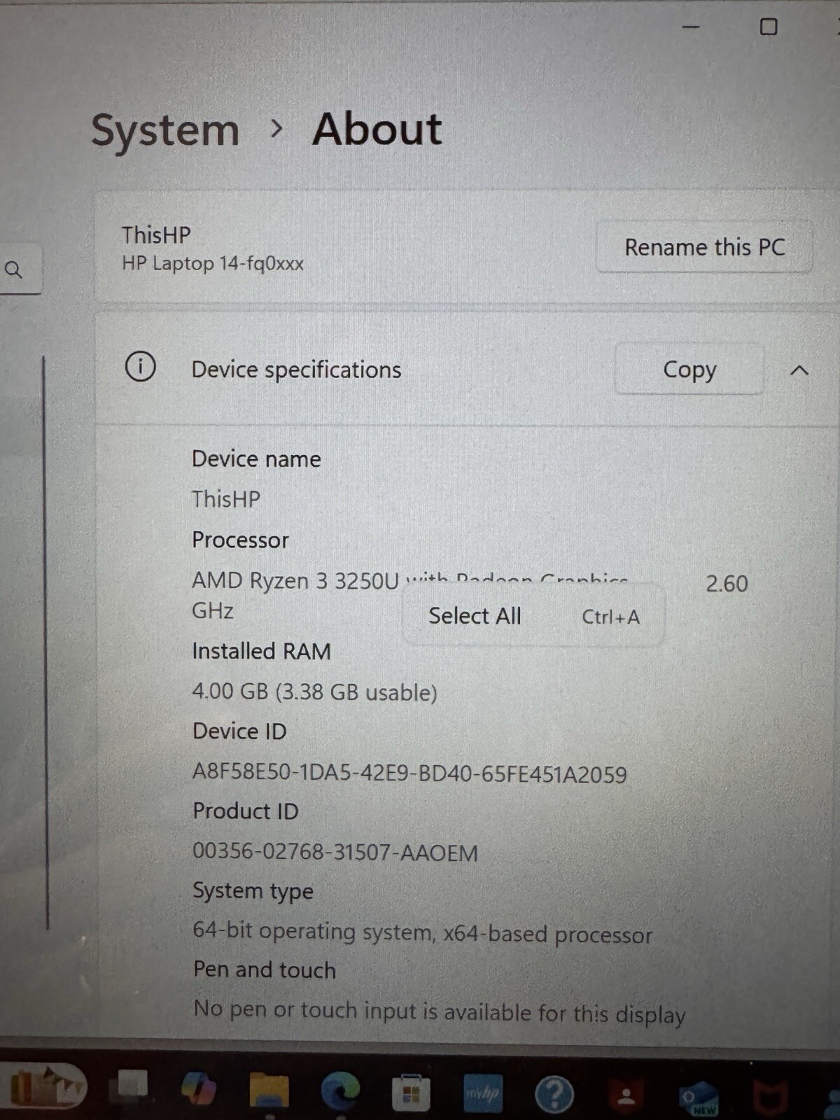 HP 14-fq0110wm HP 14″ FHD AMD Ryzen 3 3250U 2.6GHz AMD Radeon Graphics 4GB RAM