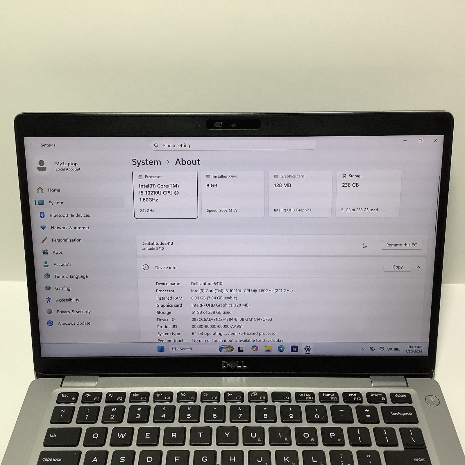 Dell Latitude 5410 10th Gen 14″, i5-10310u, 8GB DDR4, 256GB NVME, Win 11, Wi-Fi