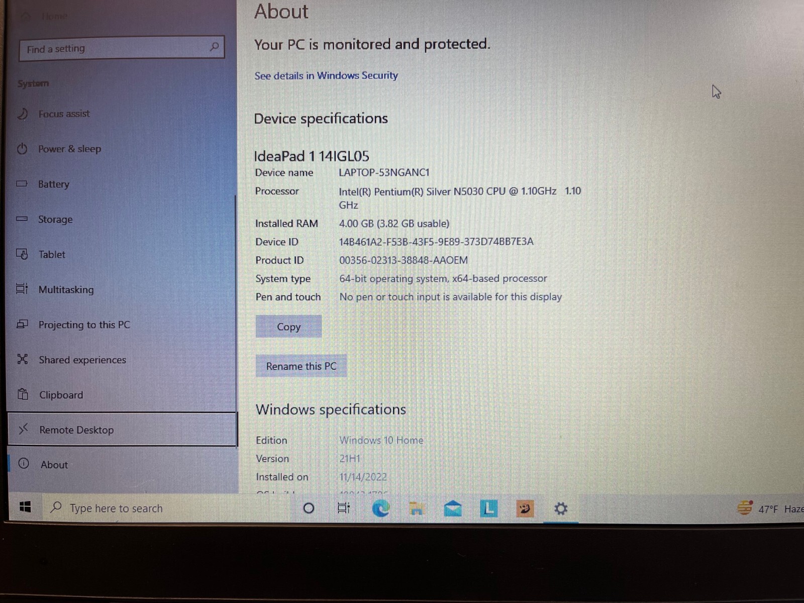 IdeaPad 1 (14″) – Ice Blue Intel Pentium N5030 4GB Ram 128SSD