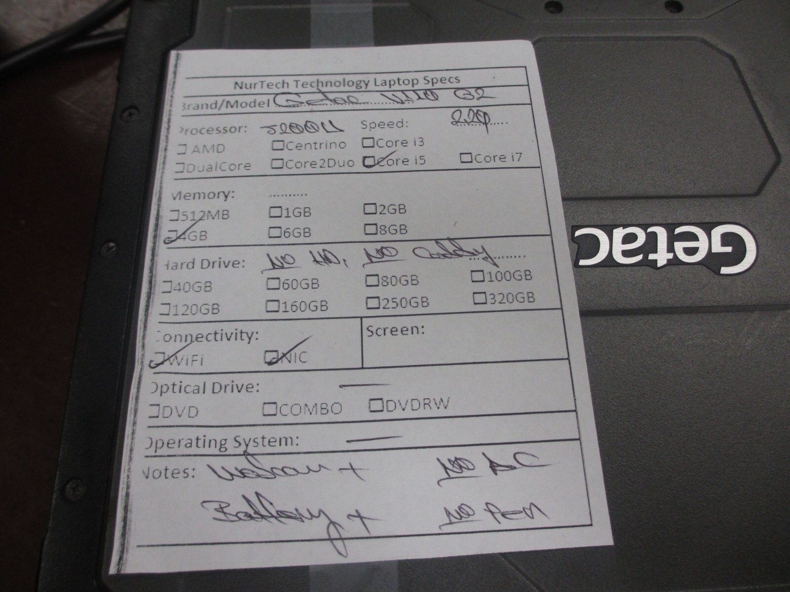 Getac V110 G2 i5 5200U 2.20GHZ 4GB Web-Cam Laptop [NO HDD/CADDY/OS/AC/Pen]******