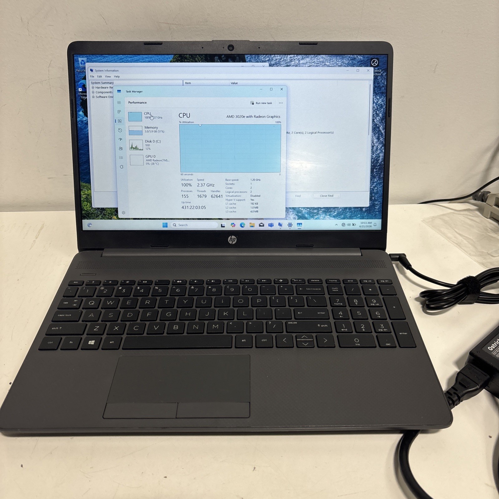 HP NoteBook 255 G8 15.6″ AMD 3020e 1.2GHz 8GB RAM 256GB SSD With Powecord