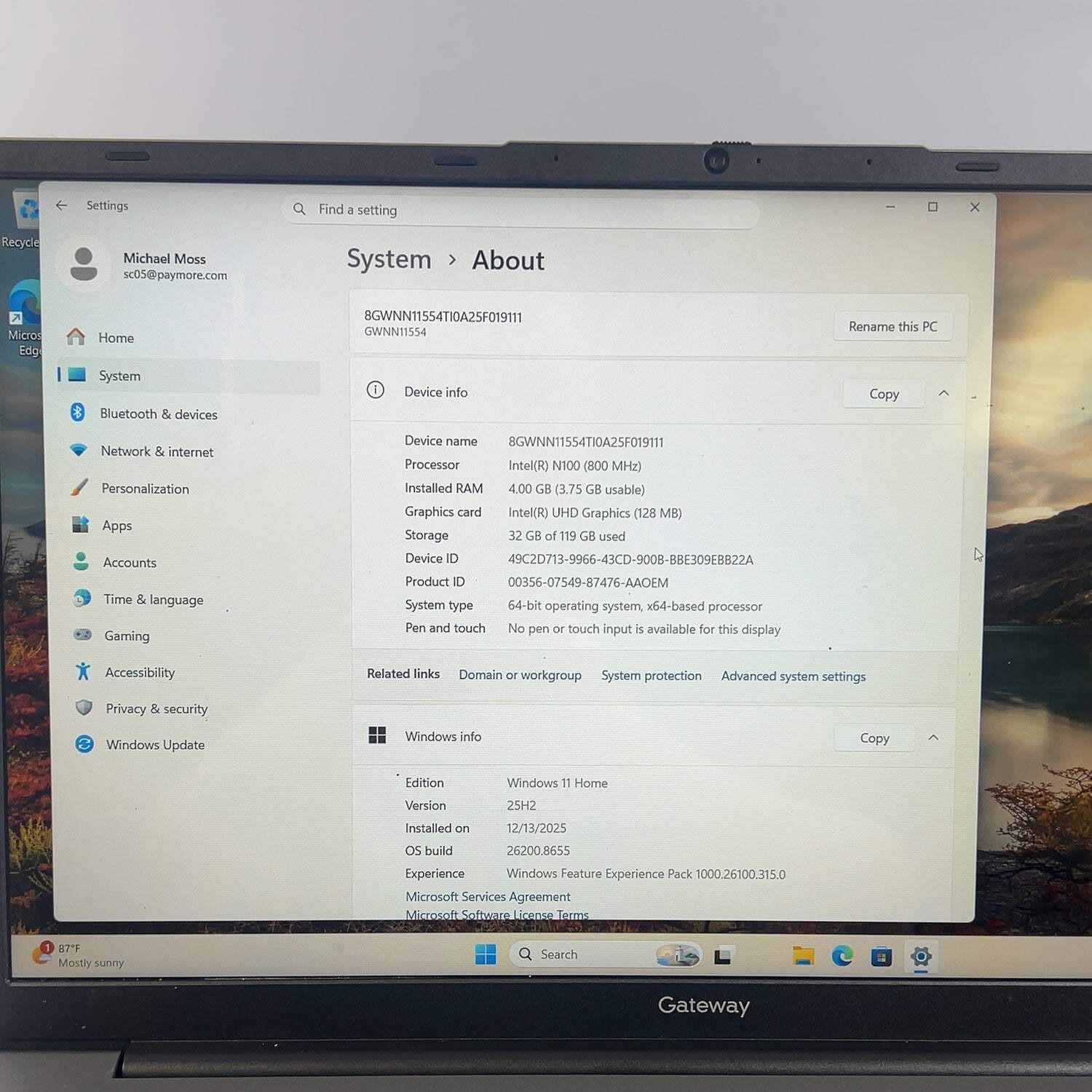 Gateway Notebook GWNN11554 15.6″ N100 800MHz 4GB RAM 128GB SSD