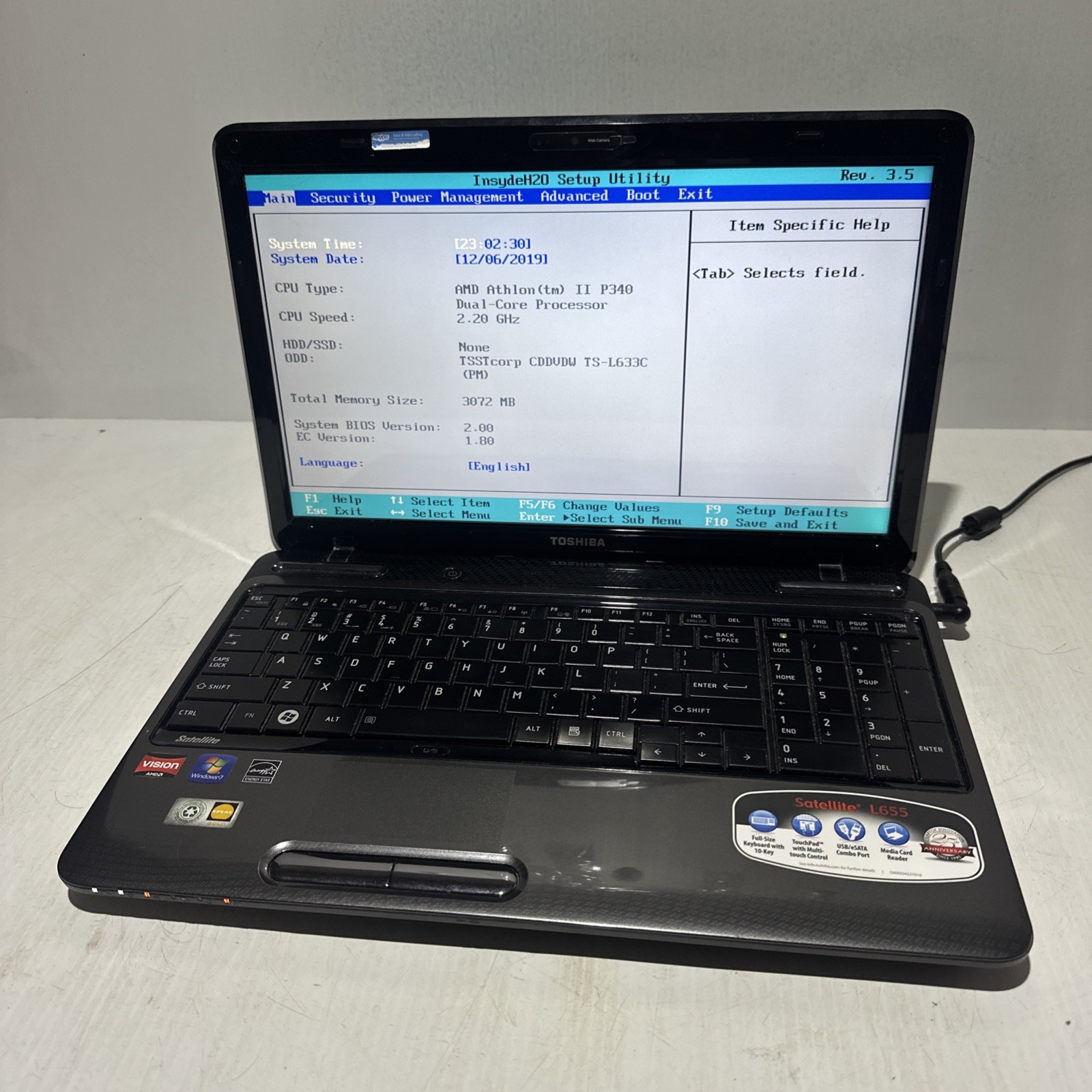 Toshiba Satellite L655 15″ Laptop AMD Athlon II P340 3gb Ram No HDD Boots Bios