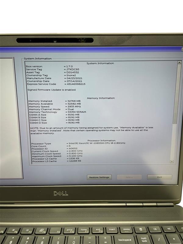 DELL PRECISION 7550 XEON W-10855M 2.8GHz 32GB RAM 512GB SSD – GRADE D