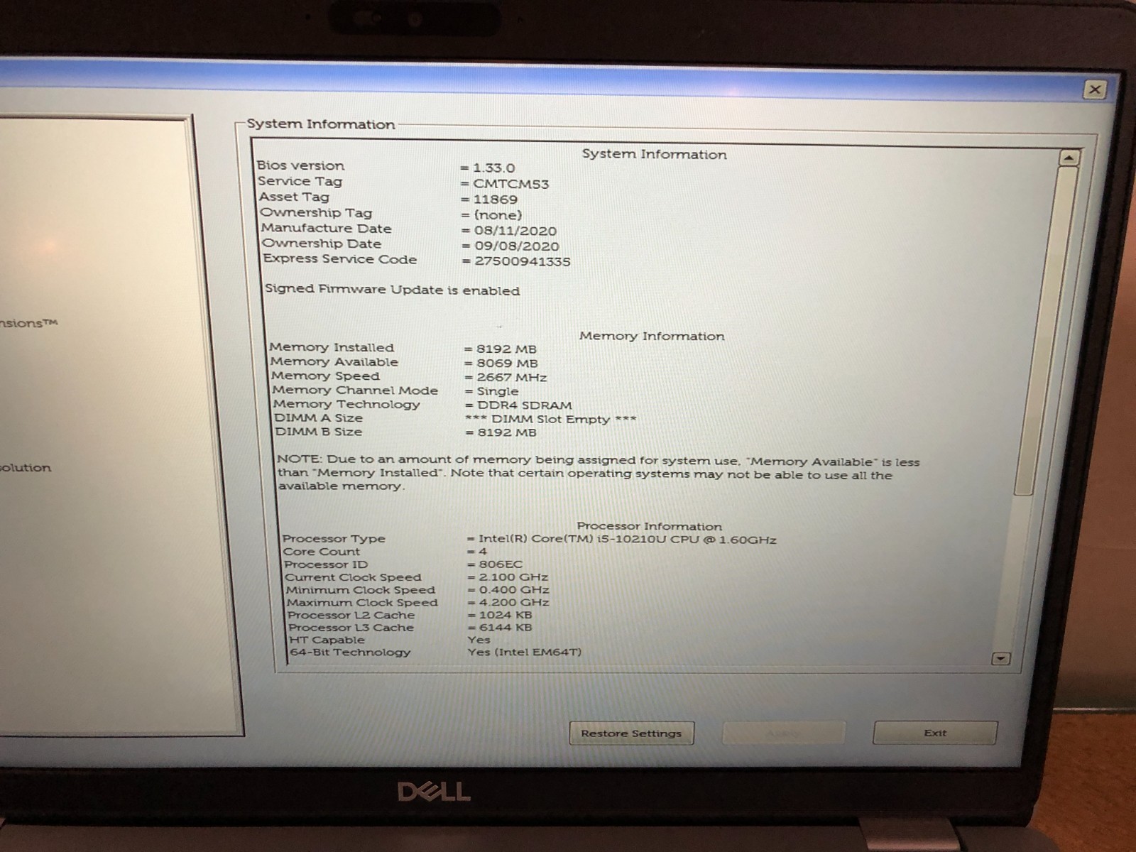 Dell Latitude 5510 sku 6784 15.6″ i5-10210U 8GB RAM Win11 NO SSD or A/C Tested!