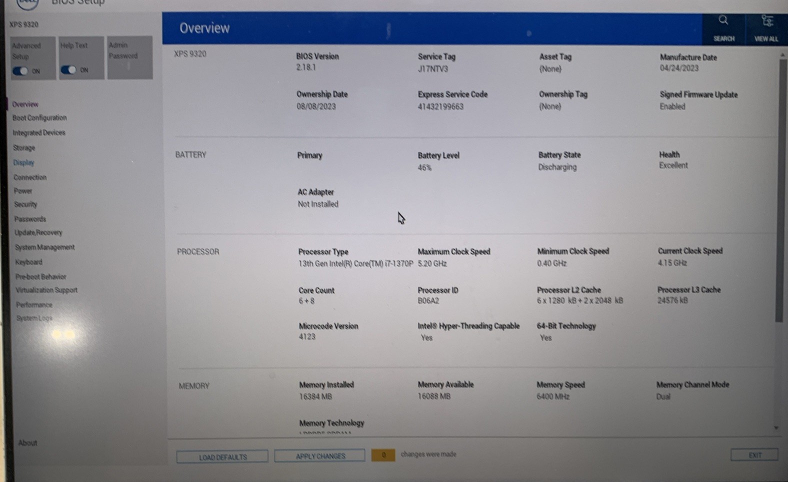 Dell XPS 9320, Intel Core i7-1370P @ 1.90GHz, 16GB RAM, No SSD/OS, No Charger