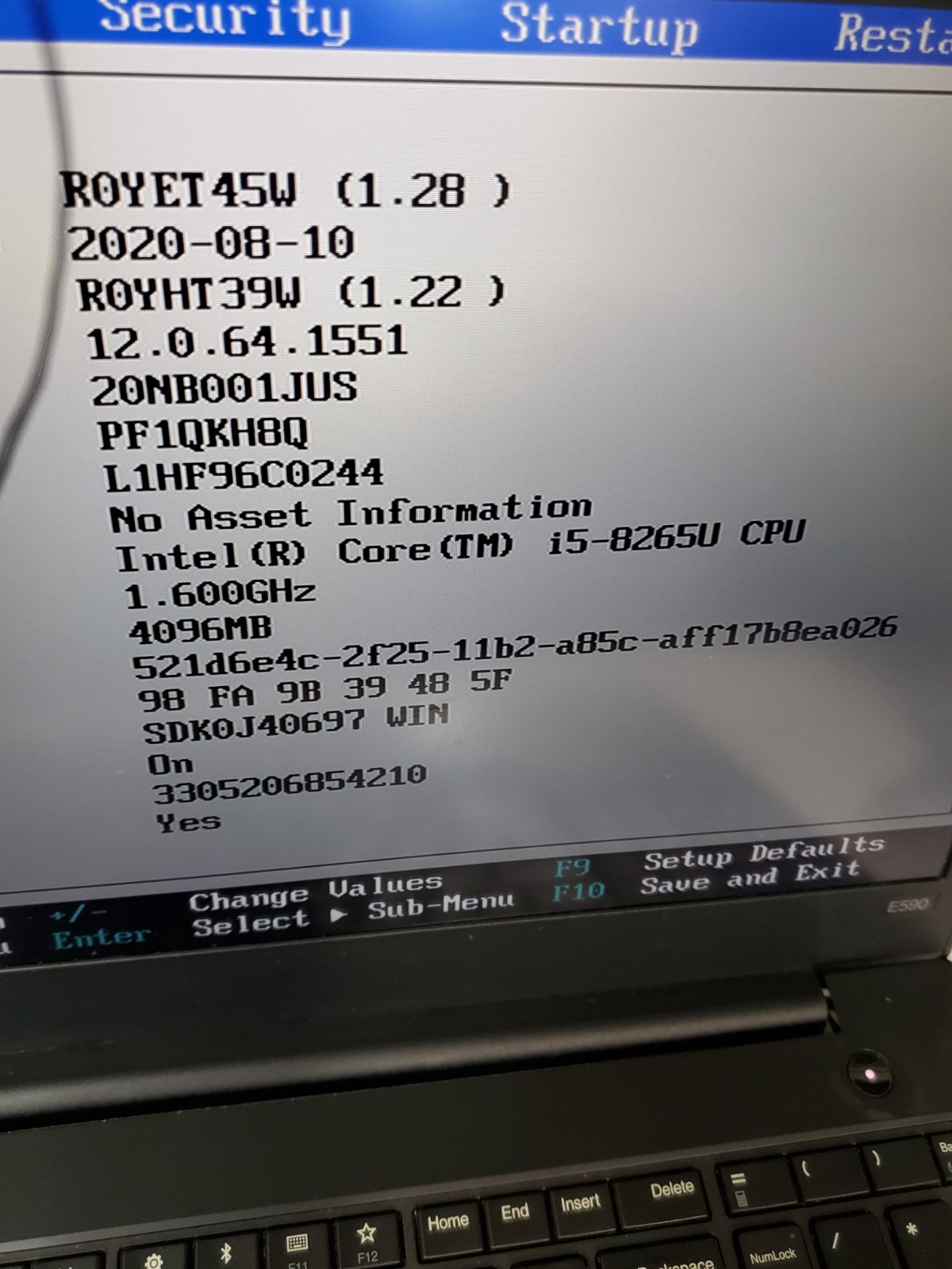Lenovo ThinkPad E590 Core i5-8265U@1.60GHz, 4GB RAM ,NO SSD/ HD ,FOR PARTS