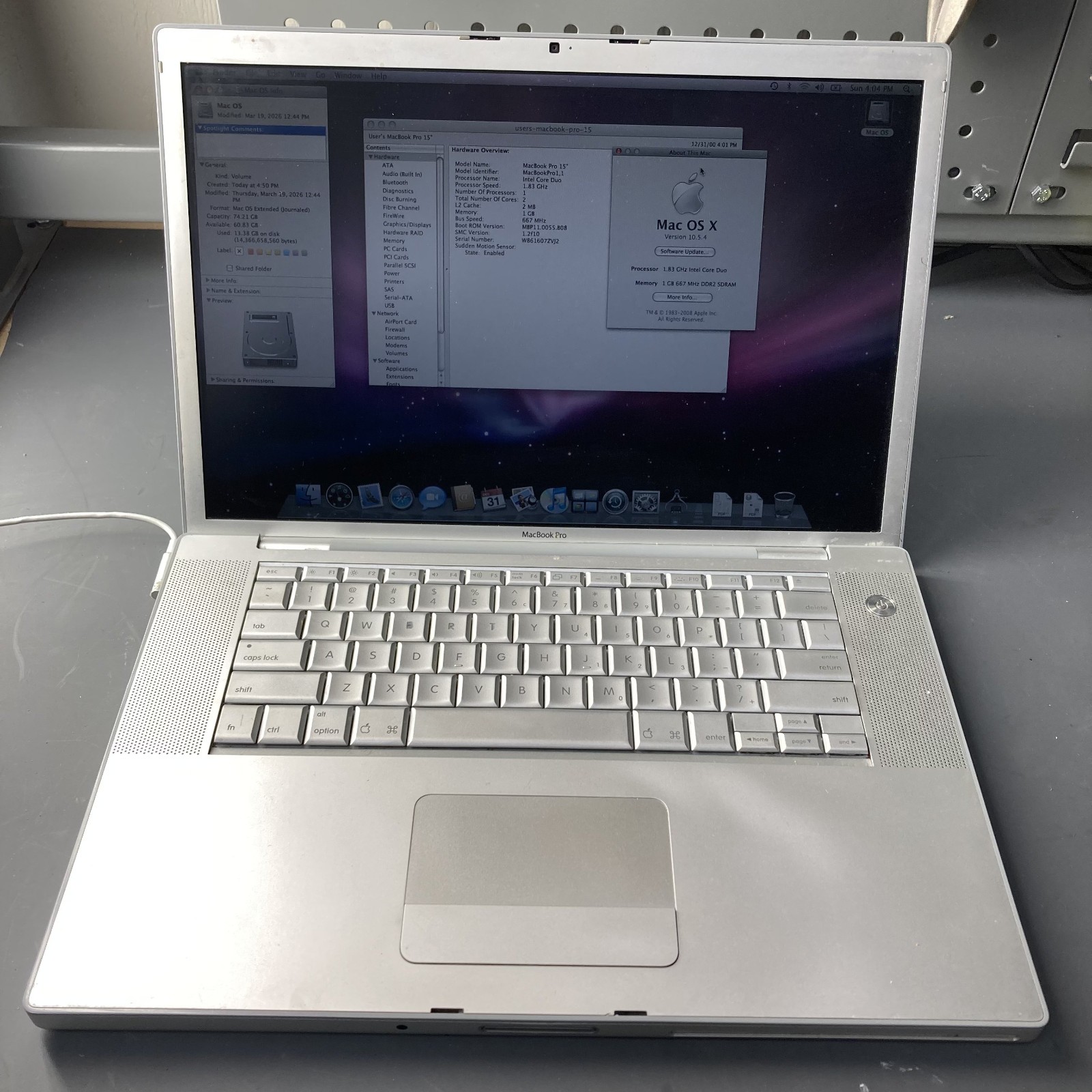 Apple MacBook Pro 15” A1150 Intel Core Duo 1.83GHz 1GB RAM 80GB HDD No Battery