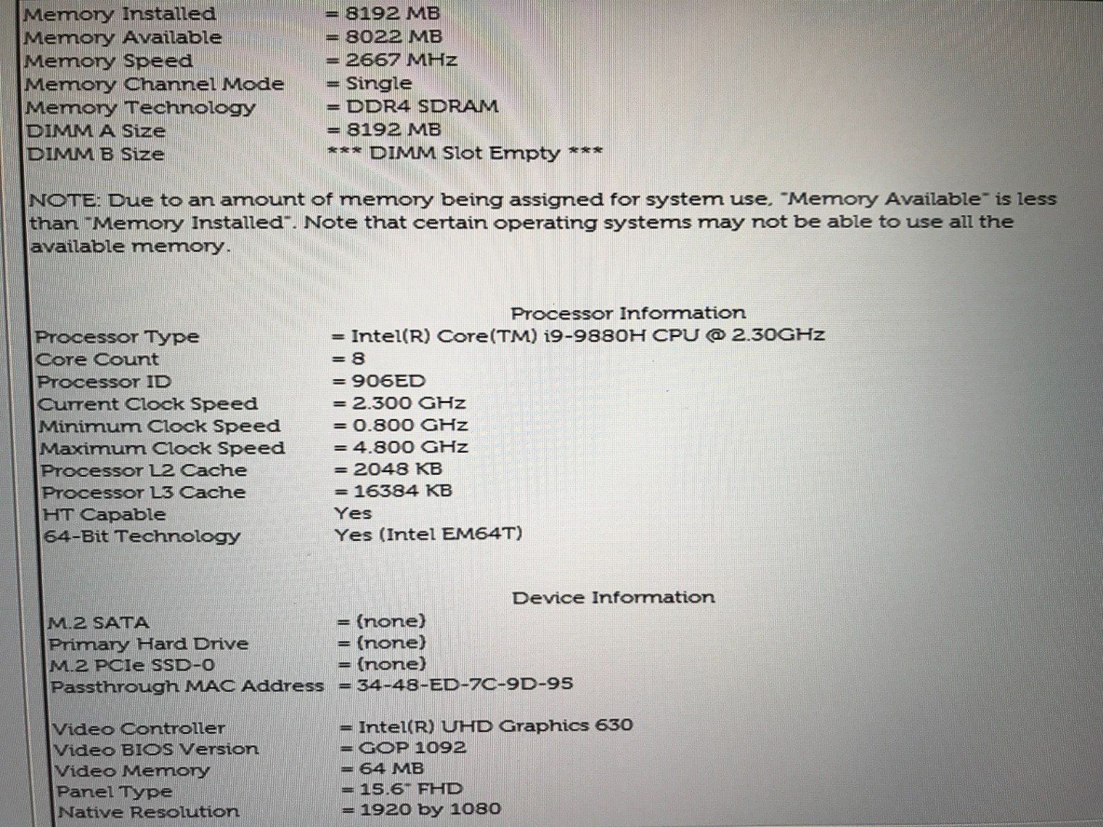 Dell Precision 5540 / Intel Core i9-9880H 2.30GHz / 8GB RAM / No SSD