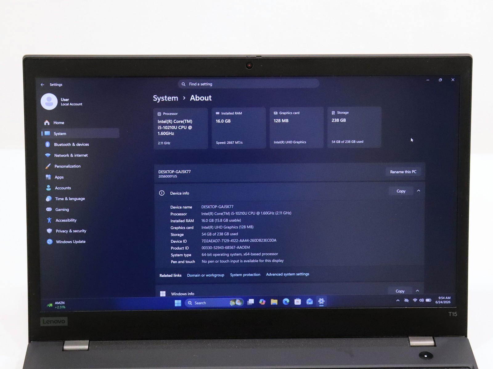 Lenovo ThinkPad T15 G1 15.5″ i5-10210U 16GB 256GB NVMe W11P – Defective Keyboard
