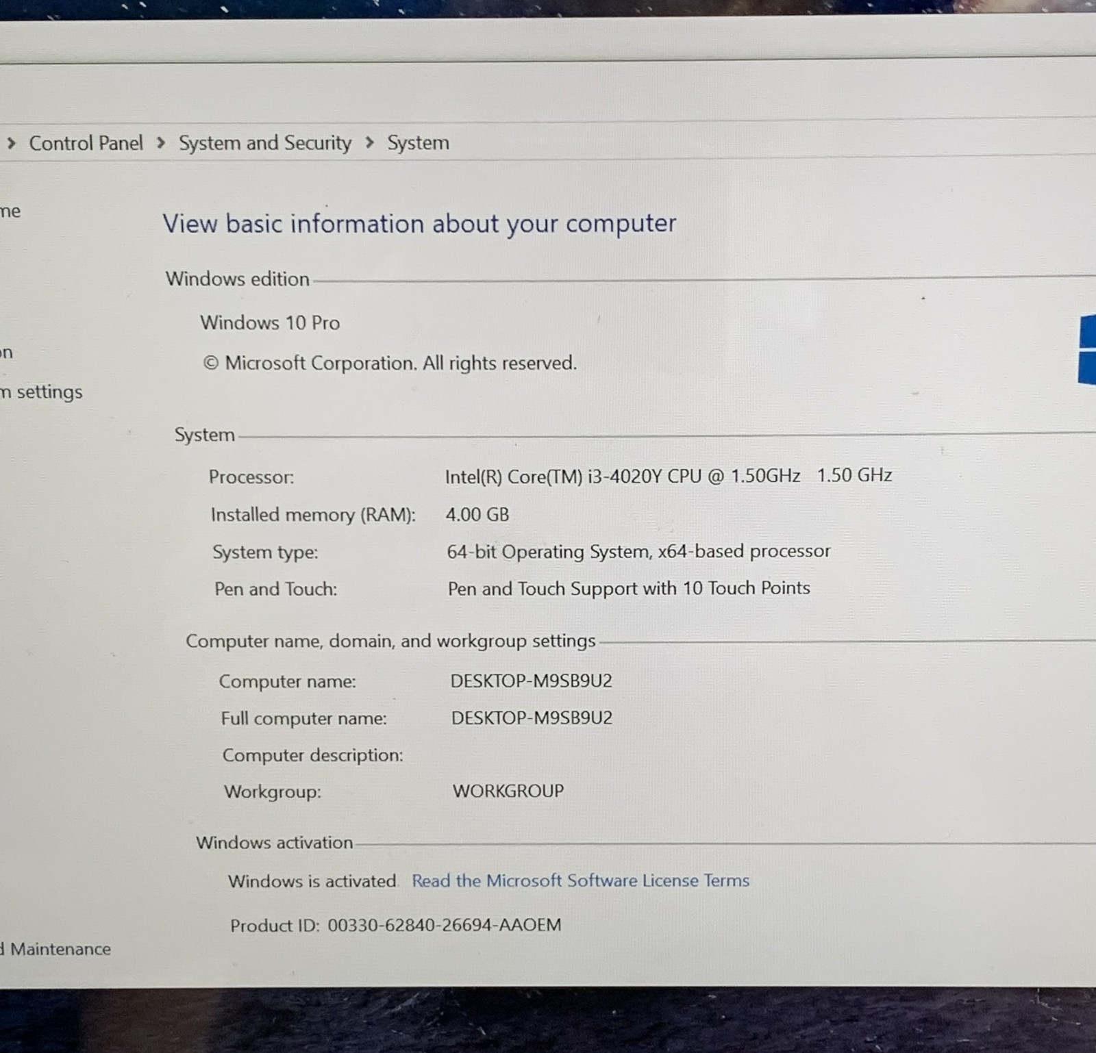 MICROSOFT SURFACE 1631 i3-4020Y@1.50GHZ 4GB RAM 128GB SSD W10P TOUCH W/AC *READ