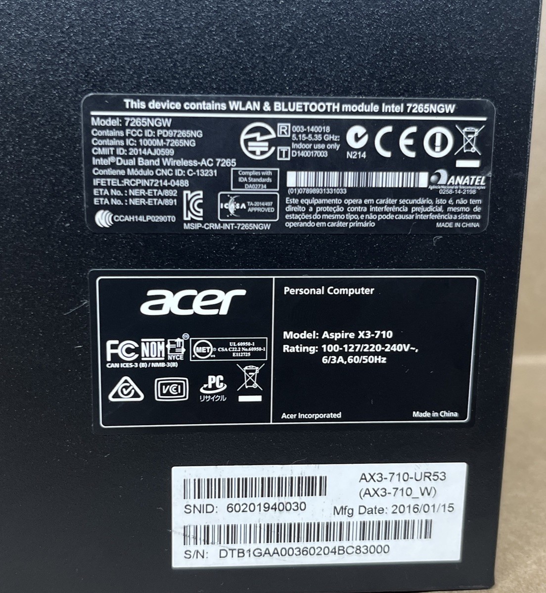 Acer Aspire X3-710, Intel Core i3-6100 @3.70GHz, 8GB RAM, 256GB SSD, W10P