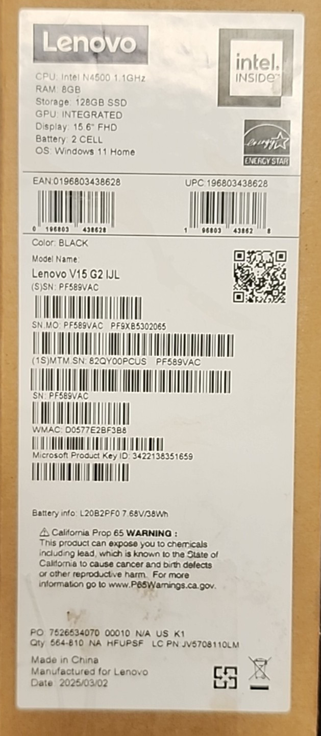 Lenovo V15 G2 15.6″ FHD Anti-Glare Business Laptop, Intel Celeron N4500, 8GB RAM