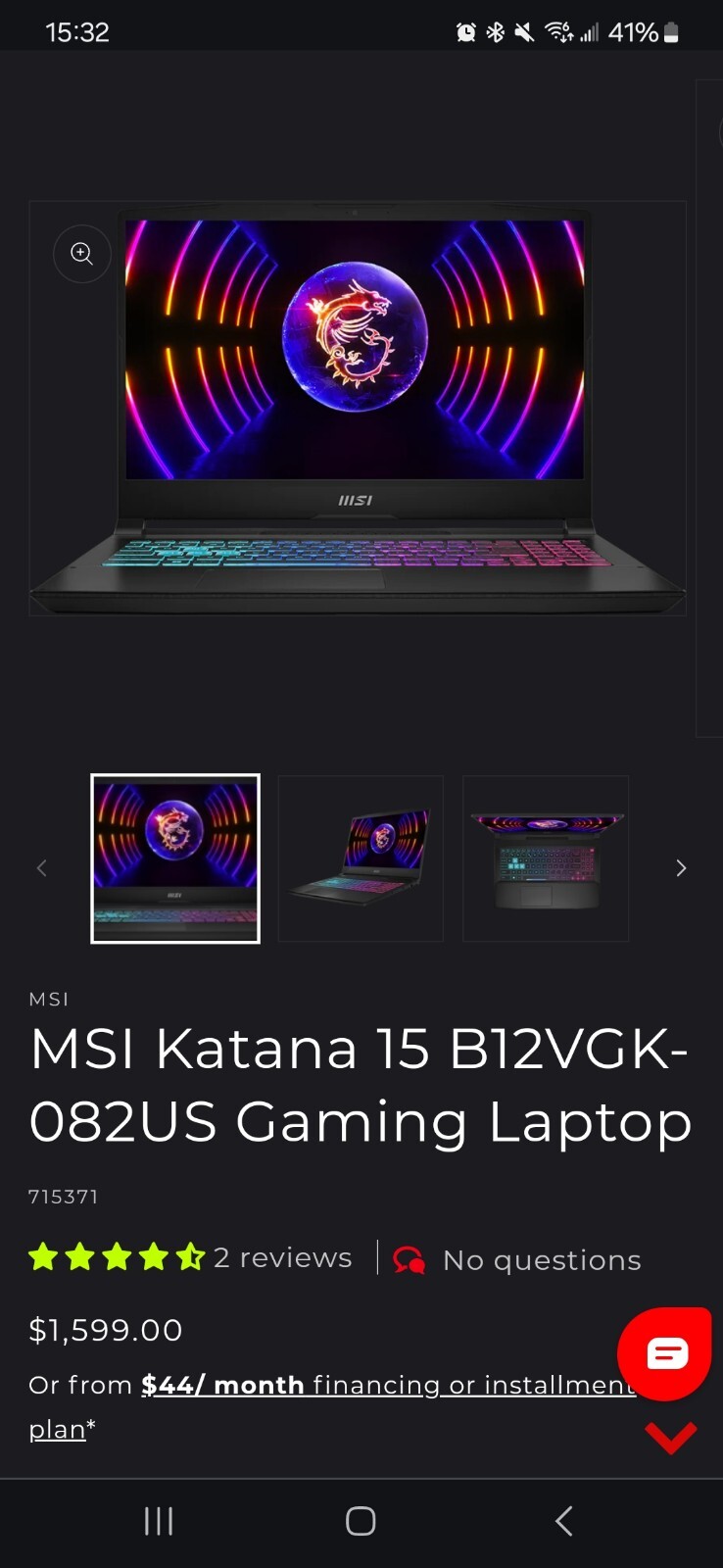 MSI Katana 15 B12VGK-439US 15.6” (1TB SSD Intel Core i7-12650H 4.7GHz 32GB RAM)