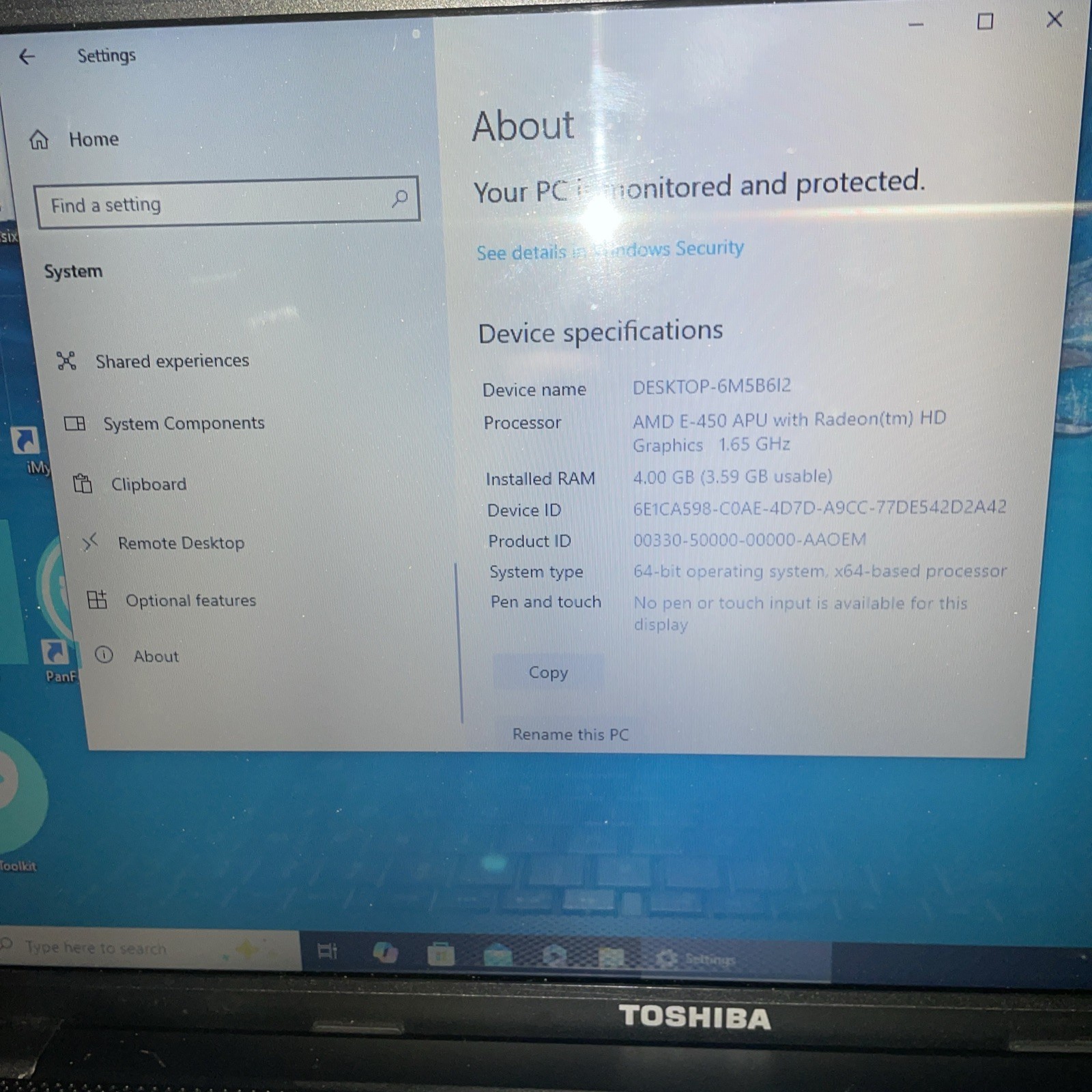Toshiba Satellite Laptop AMD E-450 APU with Radeon(tm) HD Graphics 1.65 GHz