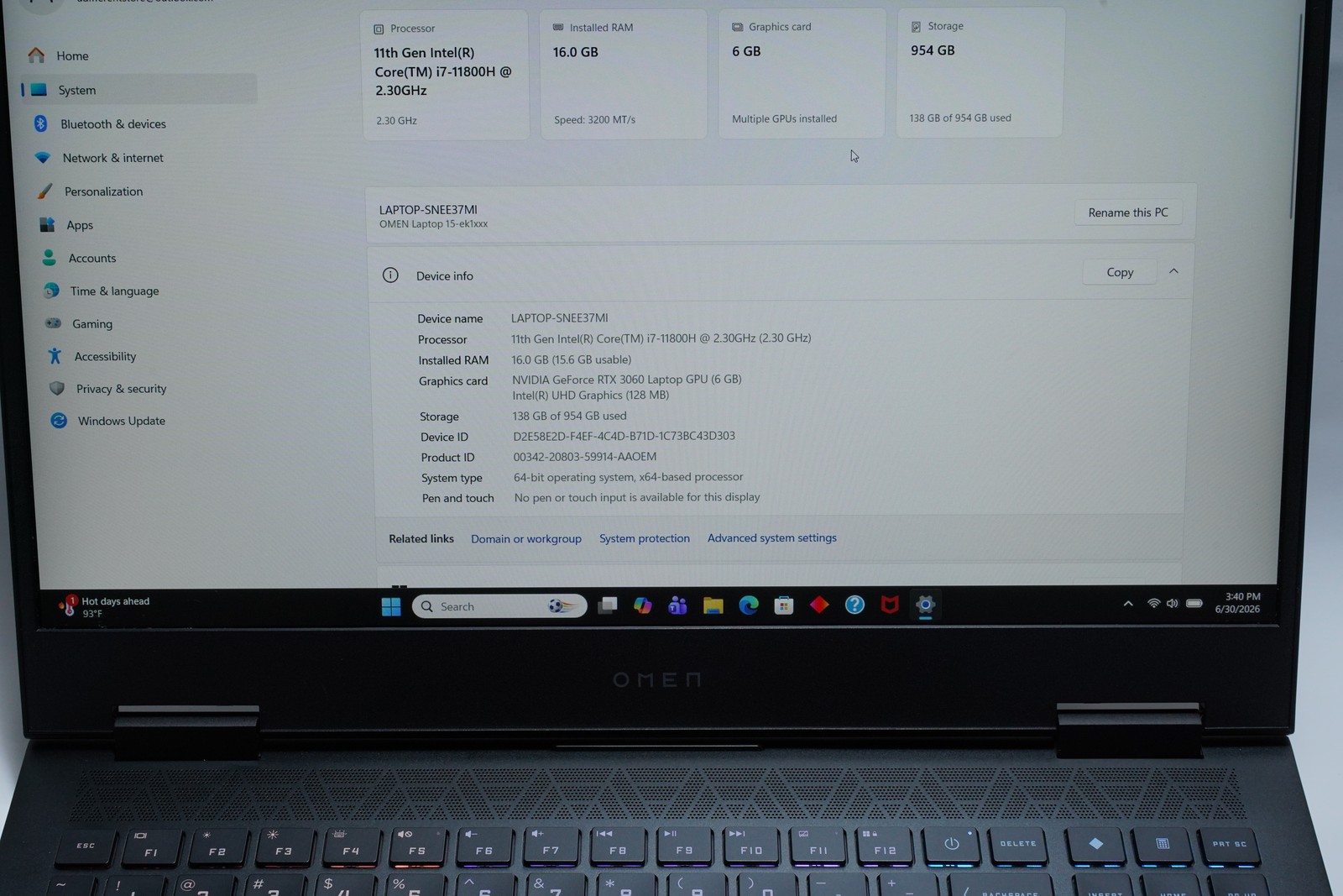 HP OMEN 15-ek1010nr 15.6″ 144Hz Gaming Laptop i7-11800H 16GB 1TB RTX 3060