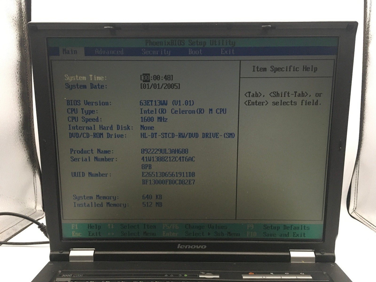 LENOVO 3000 C200 – BOOTS TO BIOS – INTEL CELERON M – 512MB RAM – READ DESC – BB!