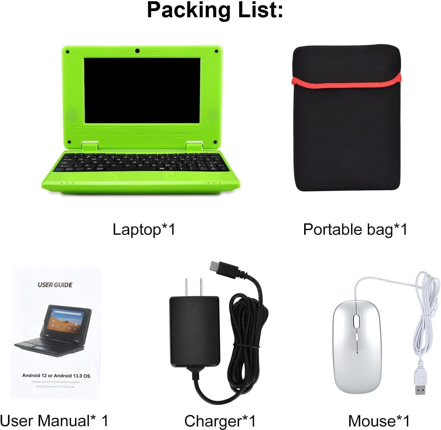Small Laptop Green 7″ Display 2GBx32GB Android 12.0 OS Quad-Core