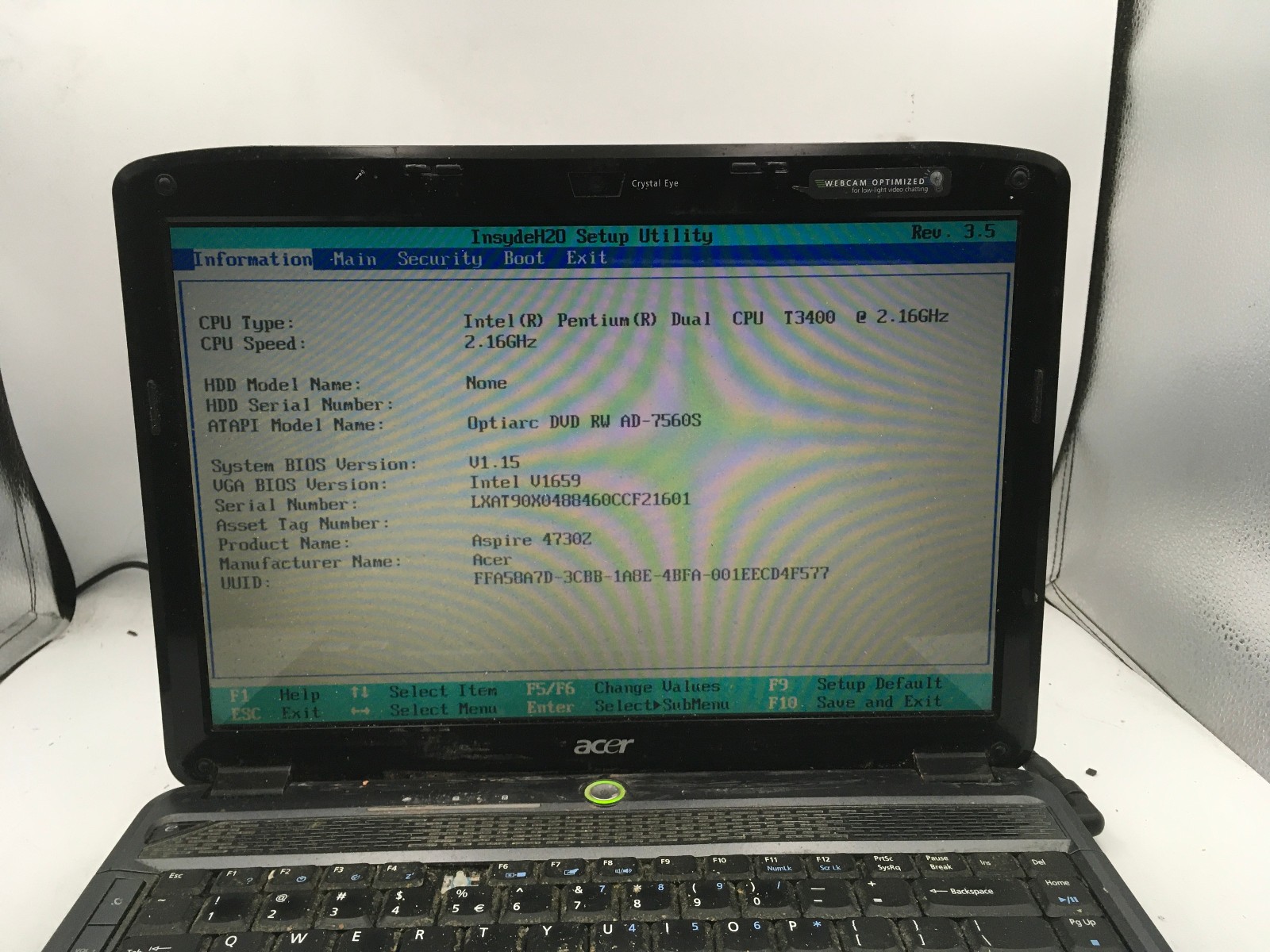 ACER ASPIRE 4730Z – BOOTS TO BIOS – INTEL PENTIUM T3400 – 1GB RAM -READ DESC- BB