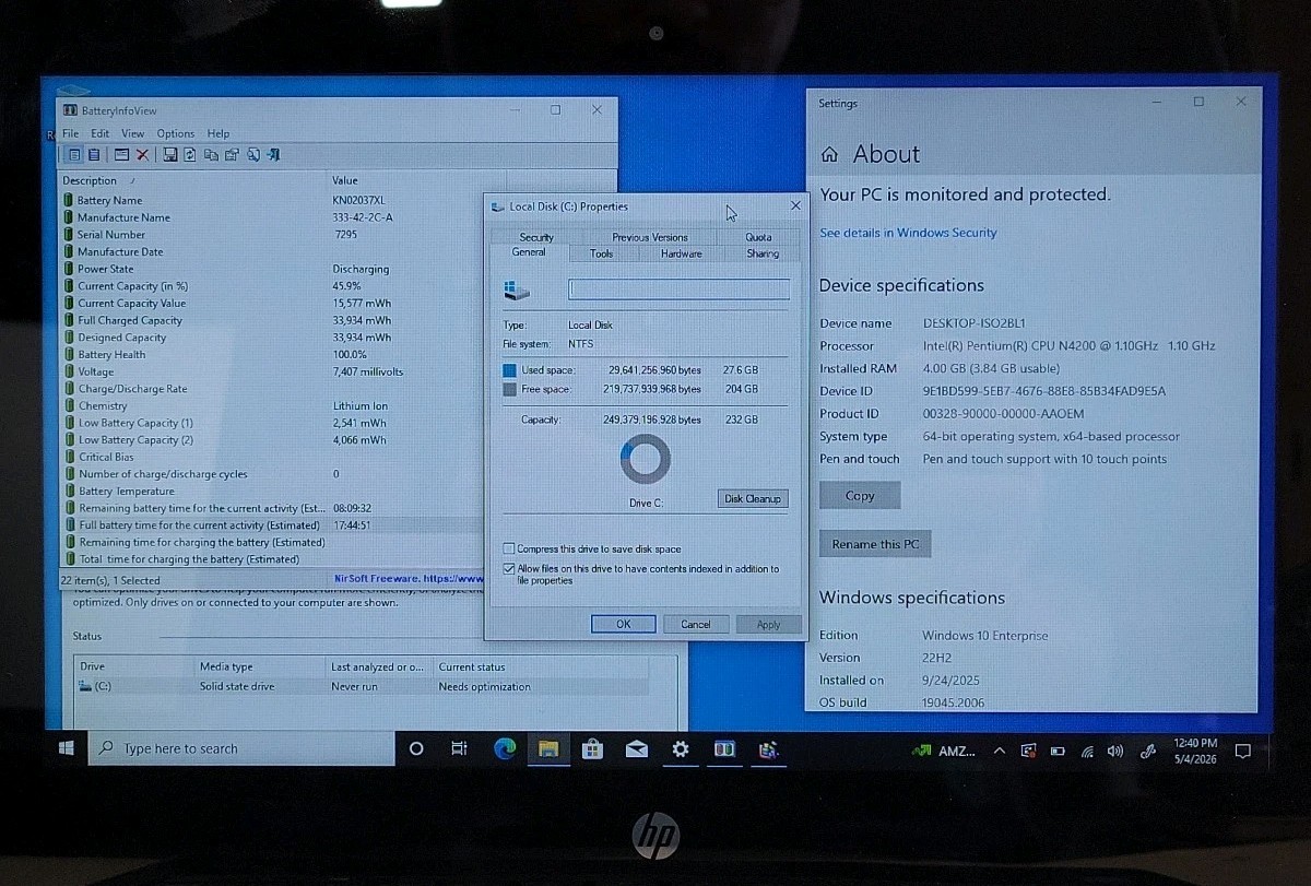 HP Pavilion x360, Intel Pentium N4200 @ 1.1GHz, 4GB RAM, 250GB SSD, Win 10