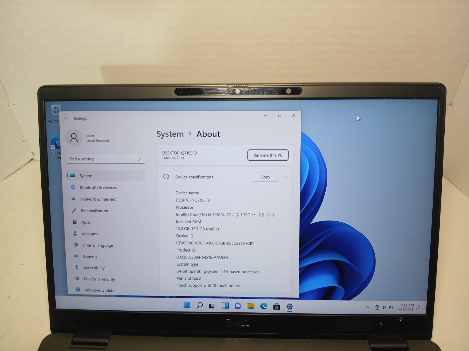Dell Latitude 7310 14″ Touch Laptop i5-10310U 8GB RAM 256GB SSD Win11 #97