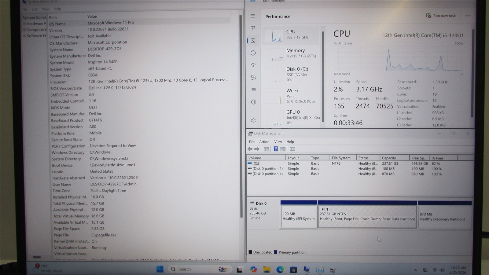 Dell Inspiron 14 5420 i5-1235U 1.3GHz 16GB RAM 256GB NVME 14″ Win 11 Pro NO BAT