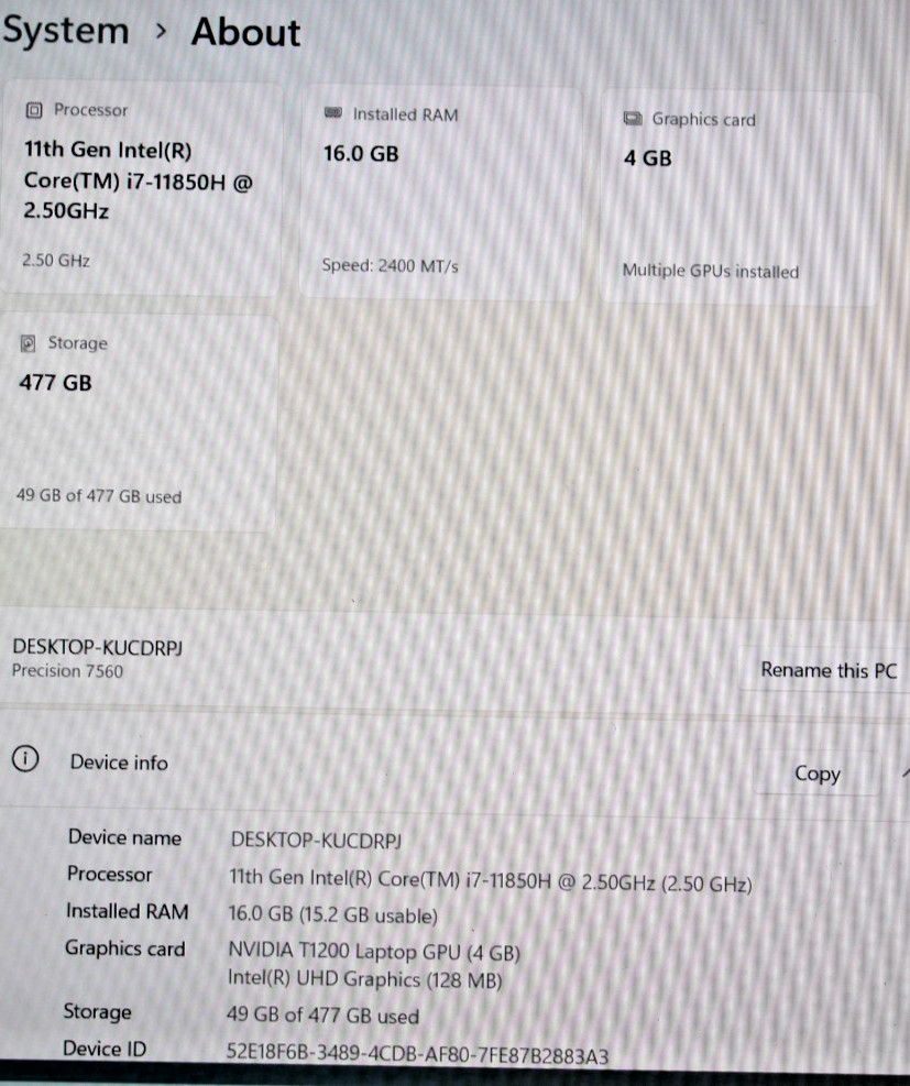 DELL PRECISION 7560 INTEL i7-11850H @ 2.50GHz 16 GB RAM SSD 512 GB WIN 11 PRO.
