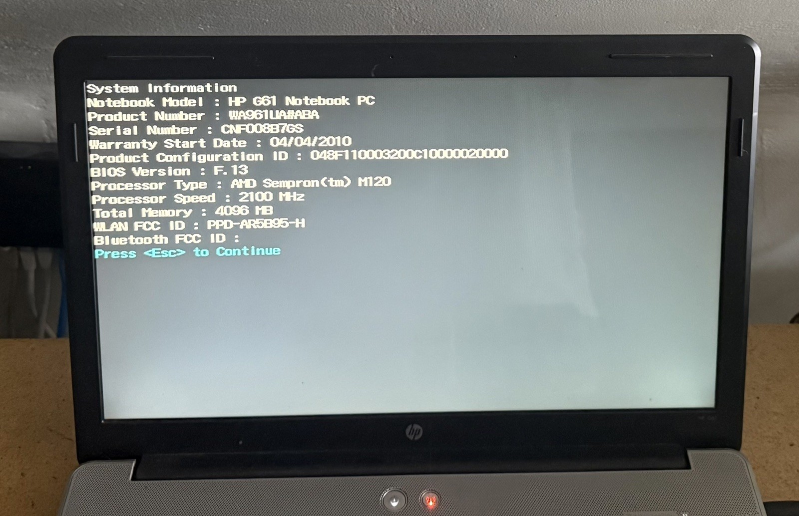 HP G61-429WM AMD Sempron M120 2100MHz 4 GB RAM NO HDD, NO Battery, NO Power Cord